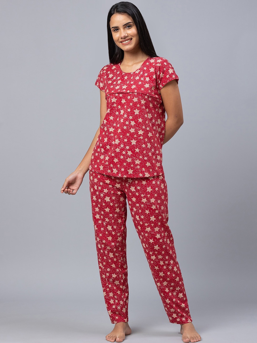 

AV2 Women Printed Maternity Pure Cotton Night suit, Red