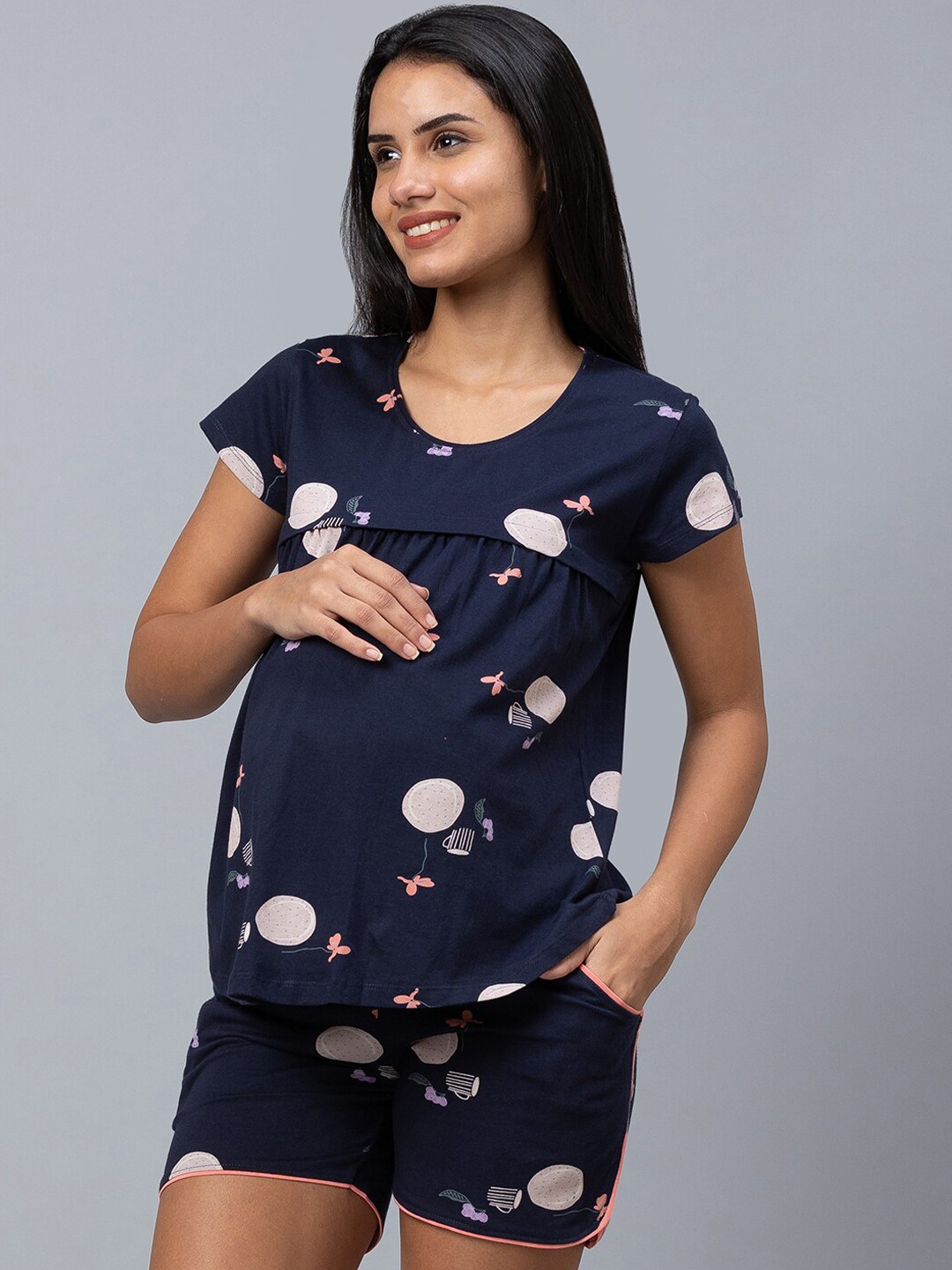 

AV2 Women Printed Maternity Pure Cotton Night suit, Navy blue