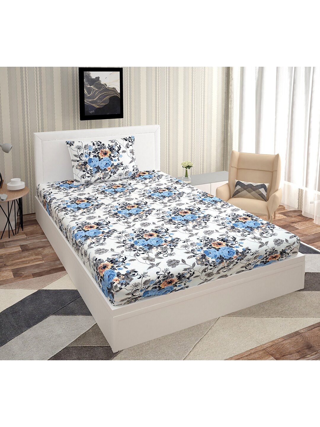 

Urban Magic White & Grey Floral 140 TC Single Bedsheet with 1 Pillow Covers