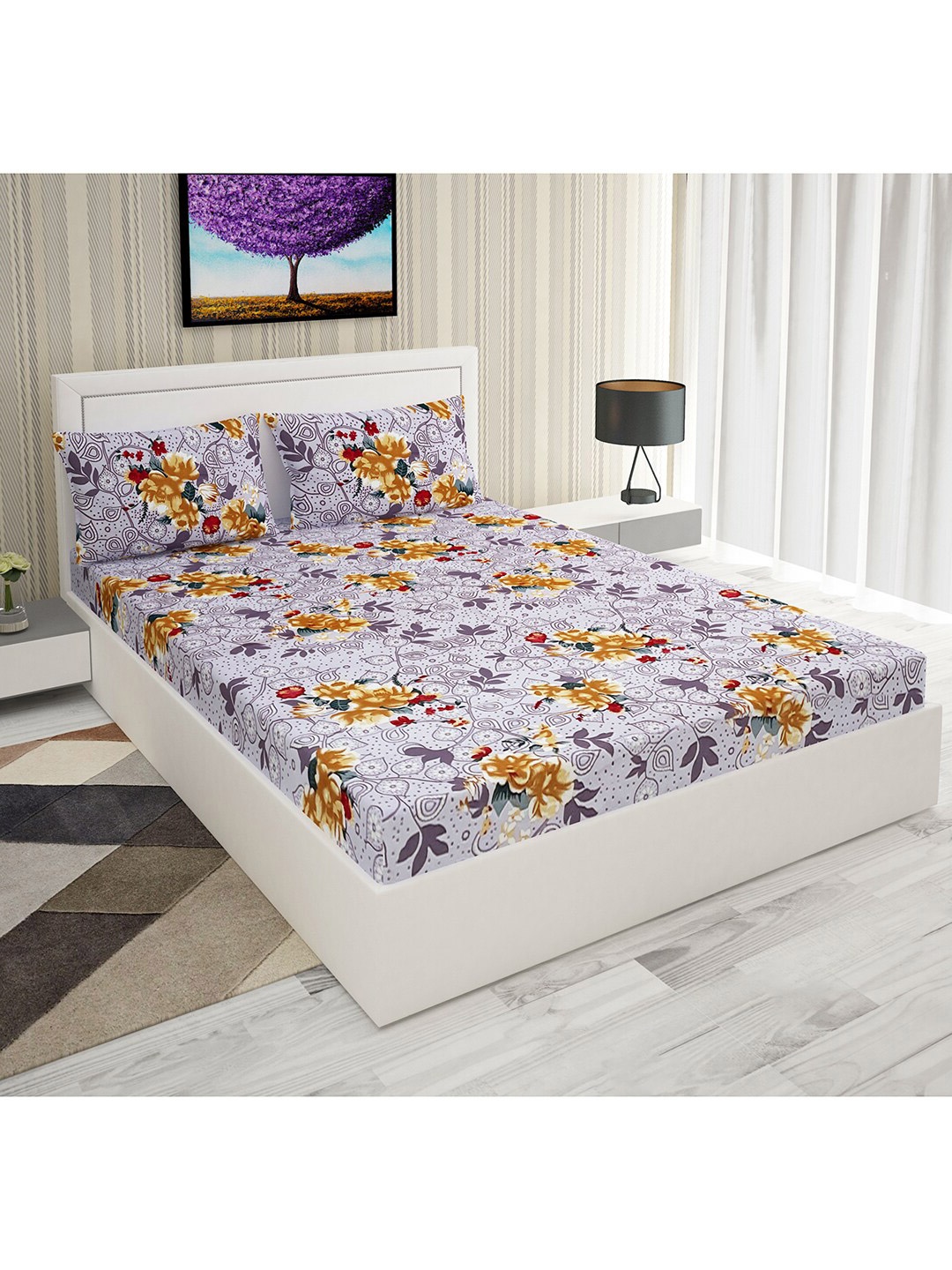 

Urban Magic Purple & Yellow Floral 160 TC Queen Bedsheet with 2 Pillow Covers