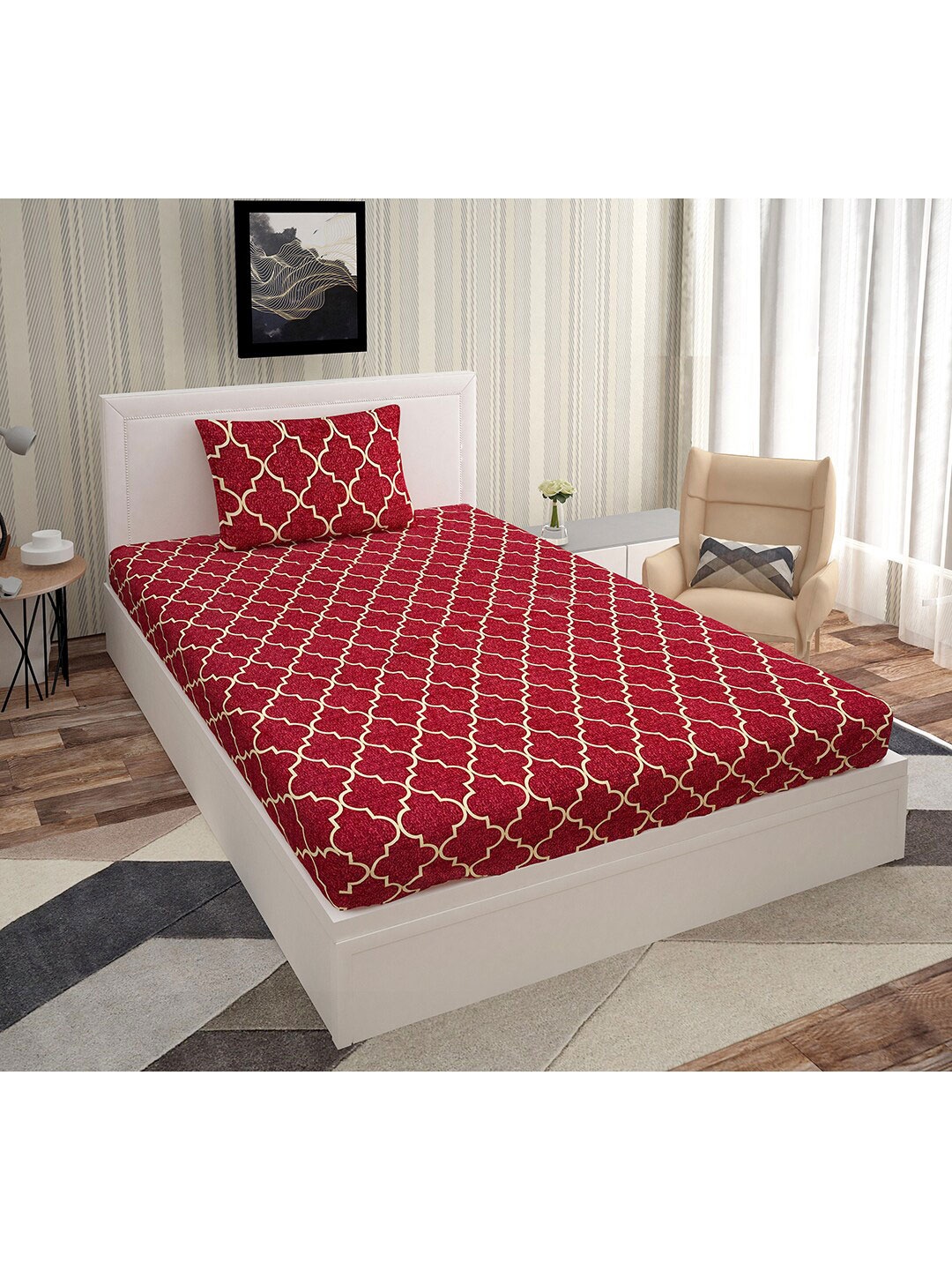 

Urban Magic Maroon & Yellow Geometric 130 TC Single Bedsheet with 1 Pillow Covers