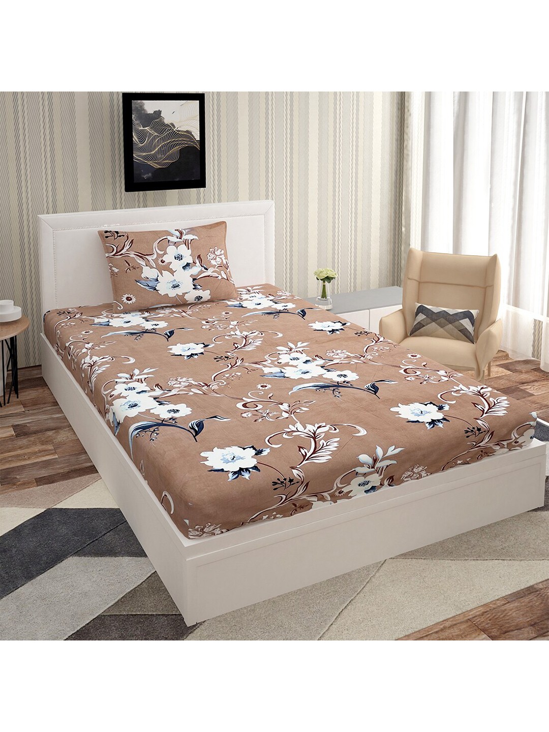 

Urban Magic Brown & White Floral 160 TC Single Bedsheet with 1 Pillow Covers