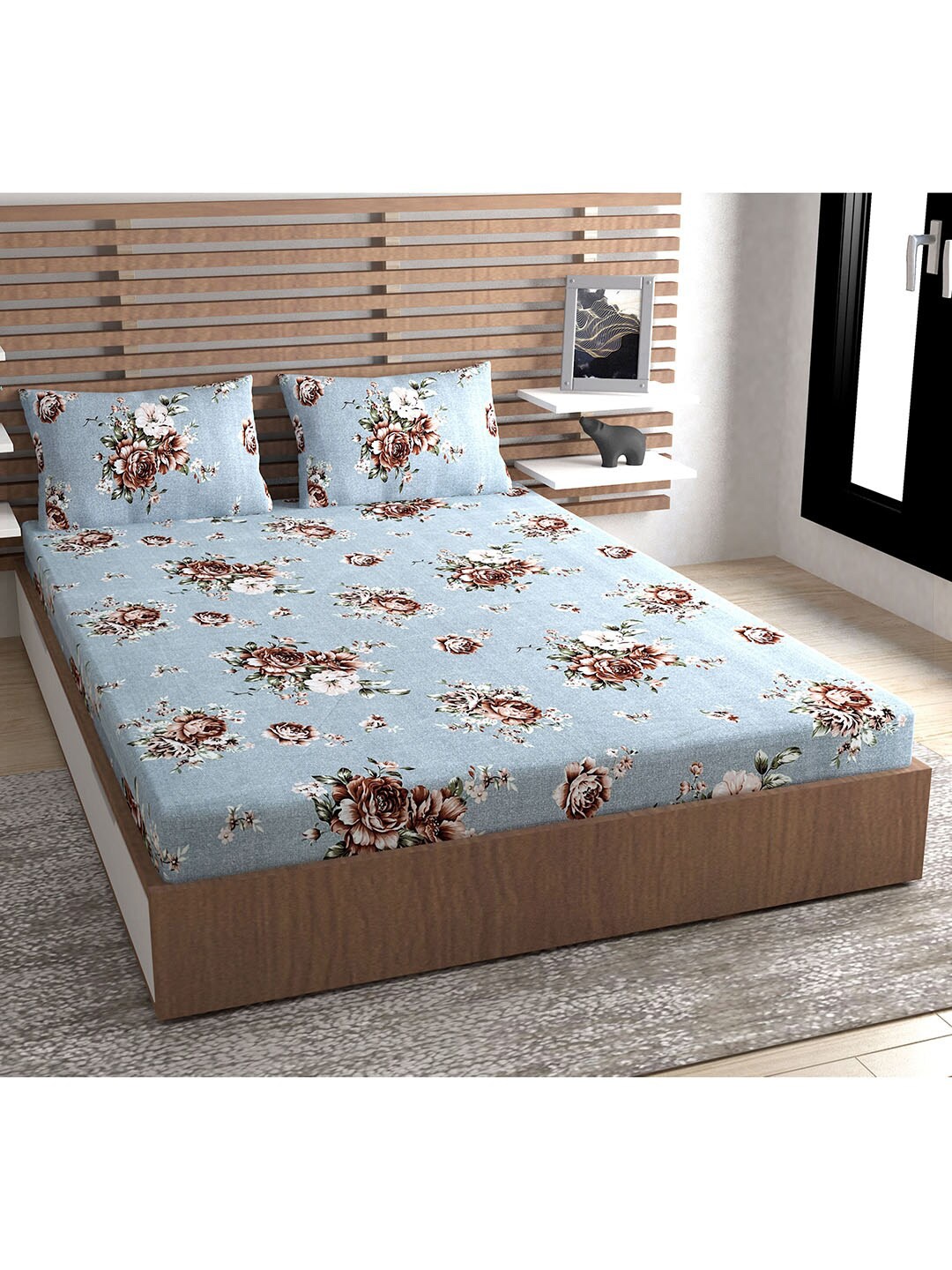 

Urban Magic Blue & Brown Floral 140 TC Queen Bedsheet with 2 Pillow Covers