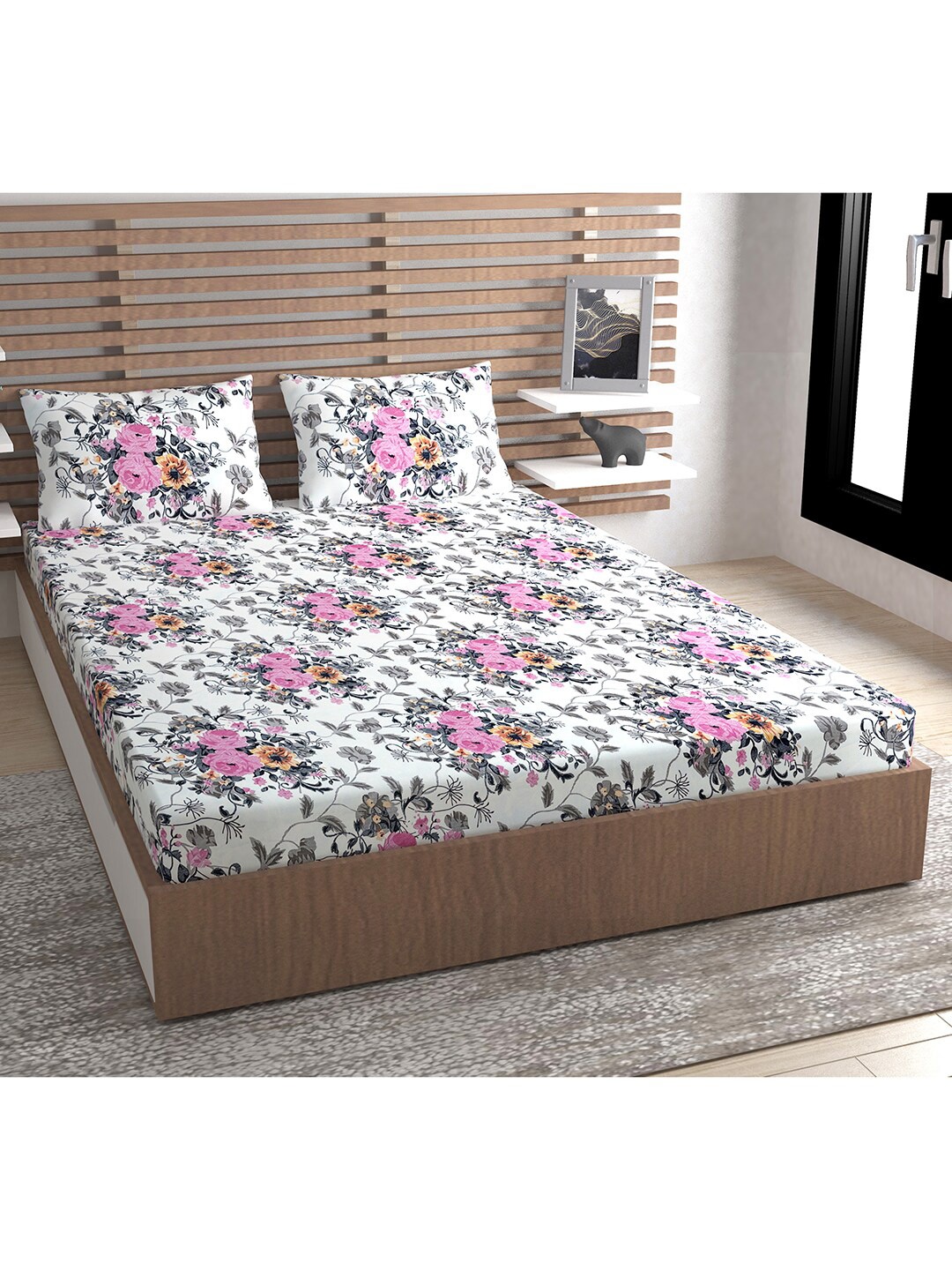 

Urban Magic White & Pink Floral 140 TC Queen Bedsheet with 2 Pillow Covers