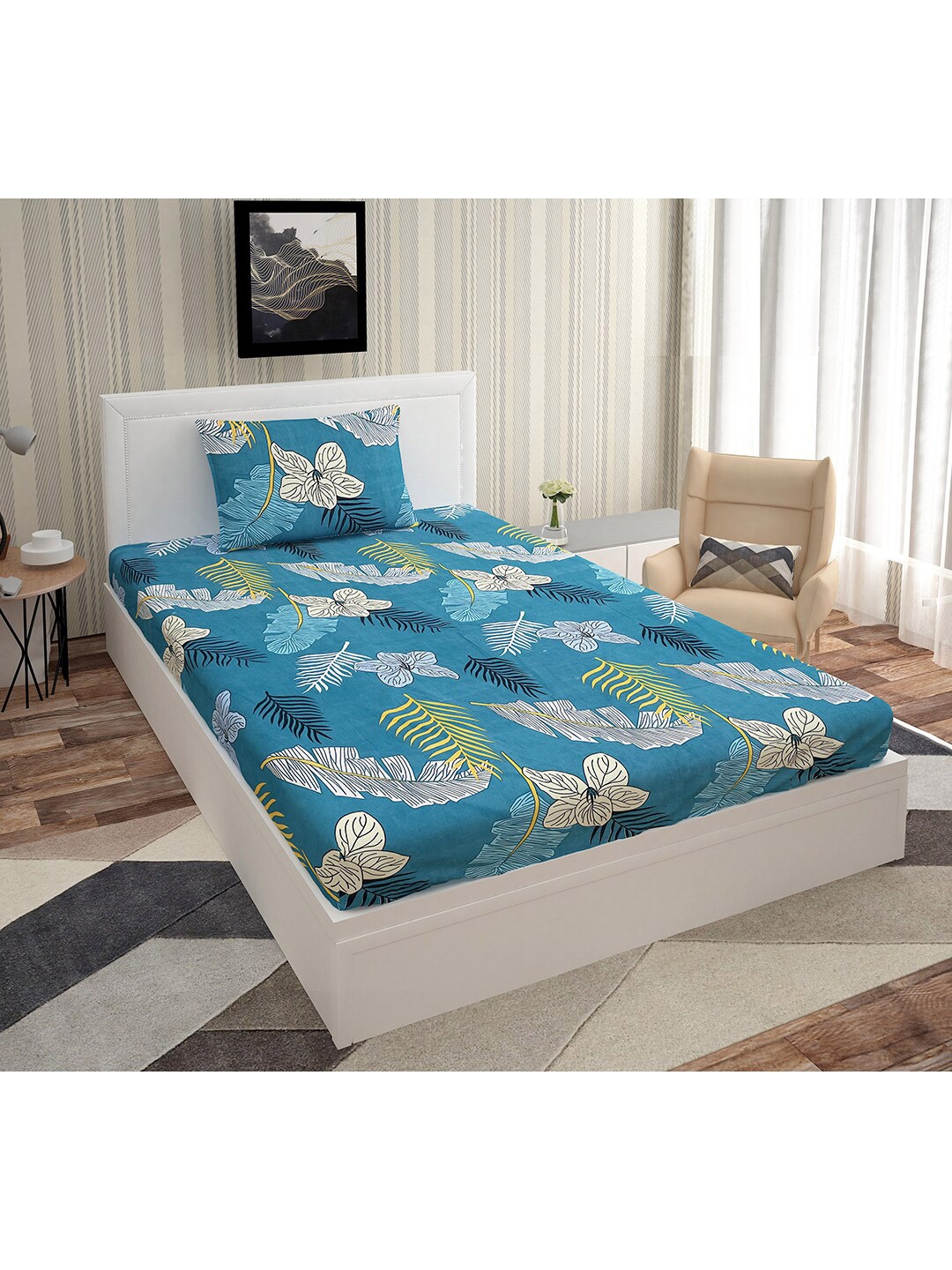 

Urban Magic Blue & White Floral 130 TC Single Bedsheet with 1 Pillow Covers