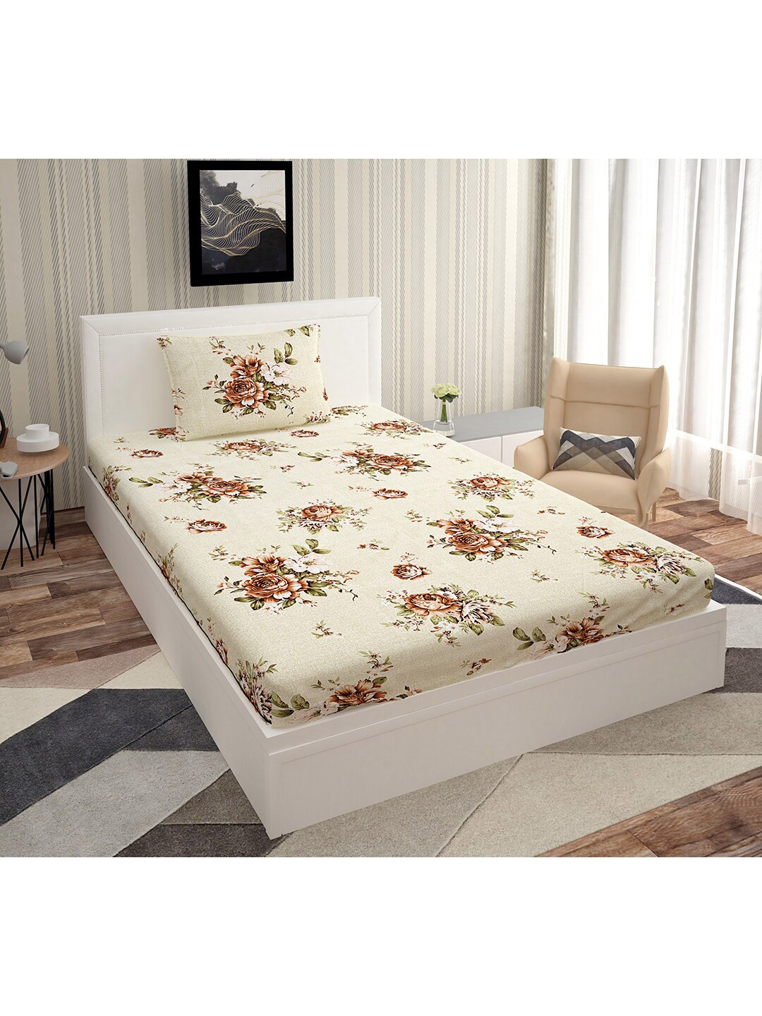 

Urban Magic Beige & Brown Floral 140 TC Single Bedsheet with 1 Pillow Covers