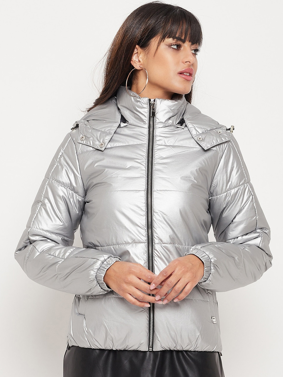 

Madame Women Cotton Solid Hooded Padded Jacket, Silver