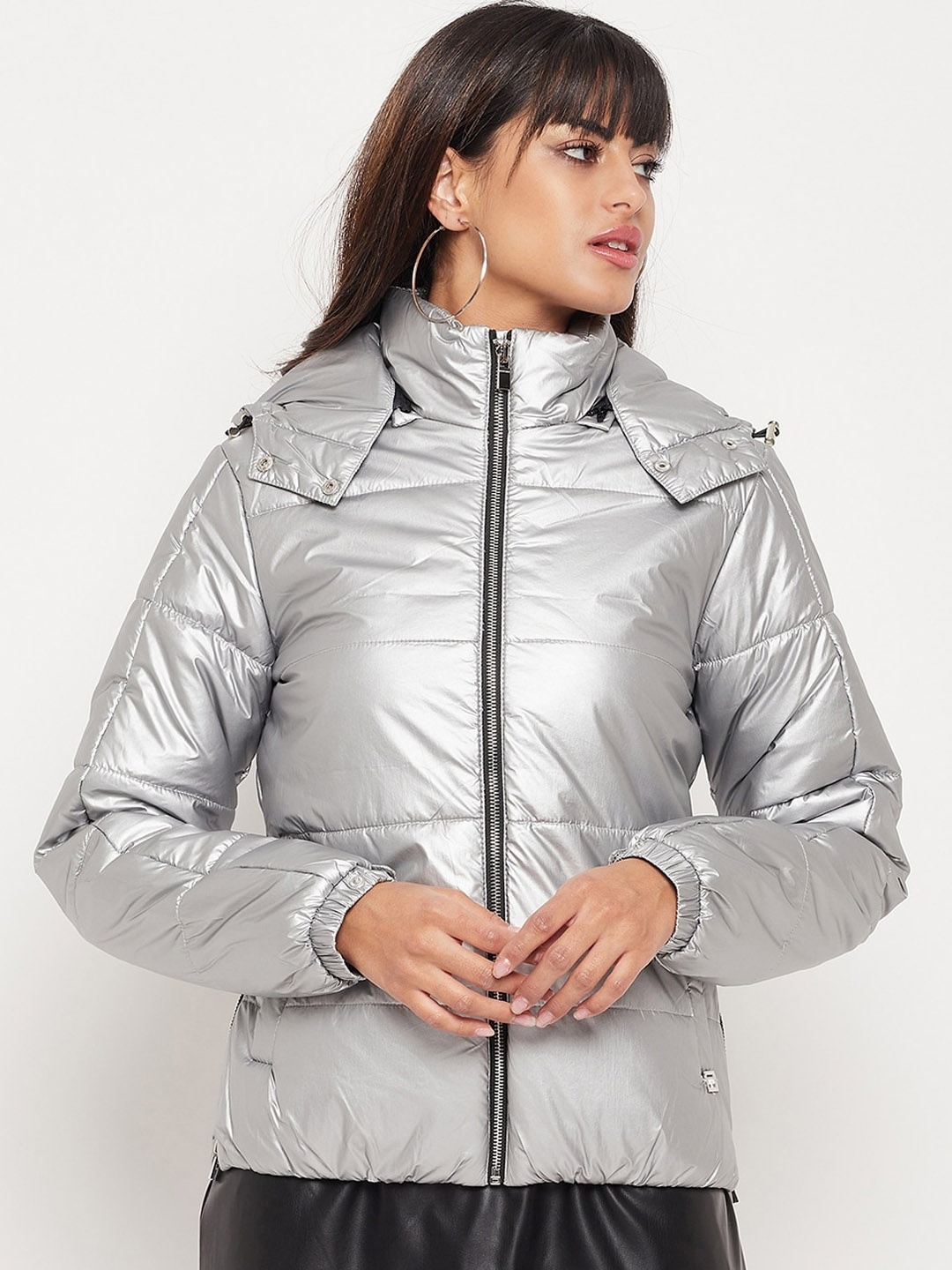 

Madame Women Cotton Hooded Padded Jacket, Silver
