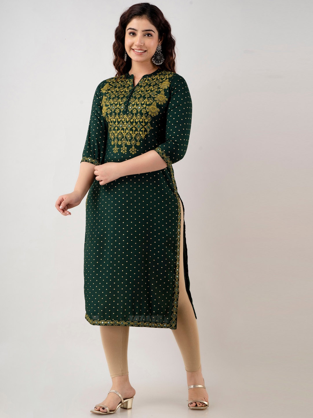 

FASHION DEPTH Mandarin Collar Ethnic Motifs Printed Thread Work Kurta, Green