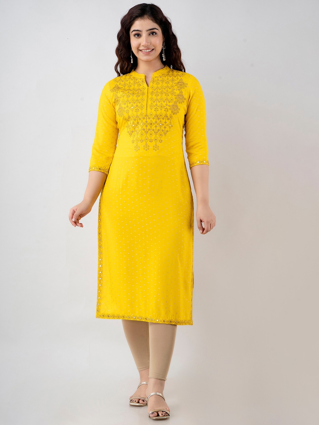 

FASHION DEPTH Ethnic Motifs Printed Mirror Work Kurta, Yellow