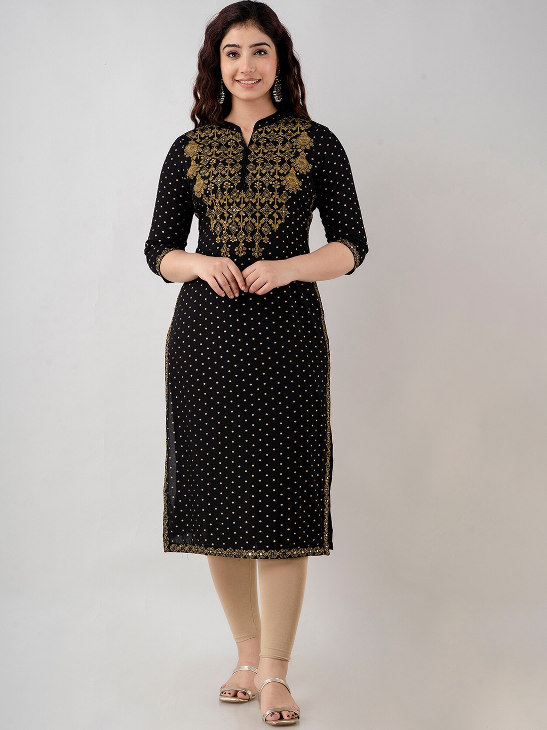 

FASHION DEPTH Ethnic Motifs Printed Mirror Work Kurta, Black