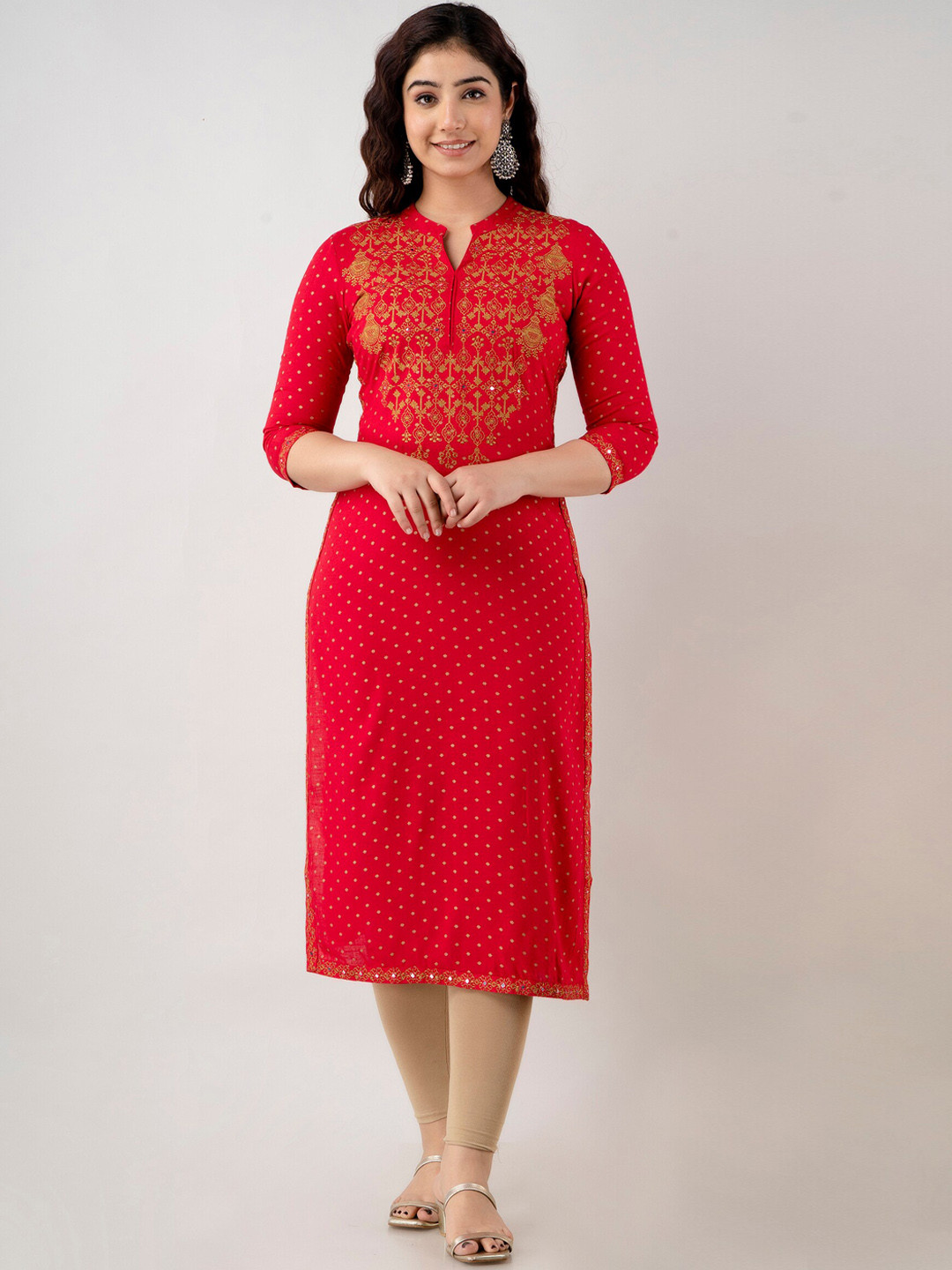 

FASHION DEPTH Ethnic Motifs Printed Mirror Work Kurta, Red