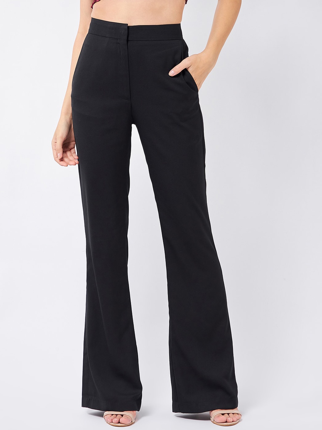 

MAGRE Women Relaxed Flared High-Rise Trousers, Black
