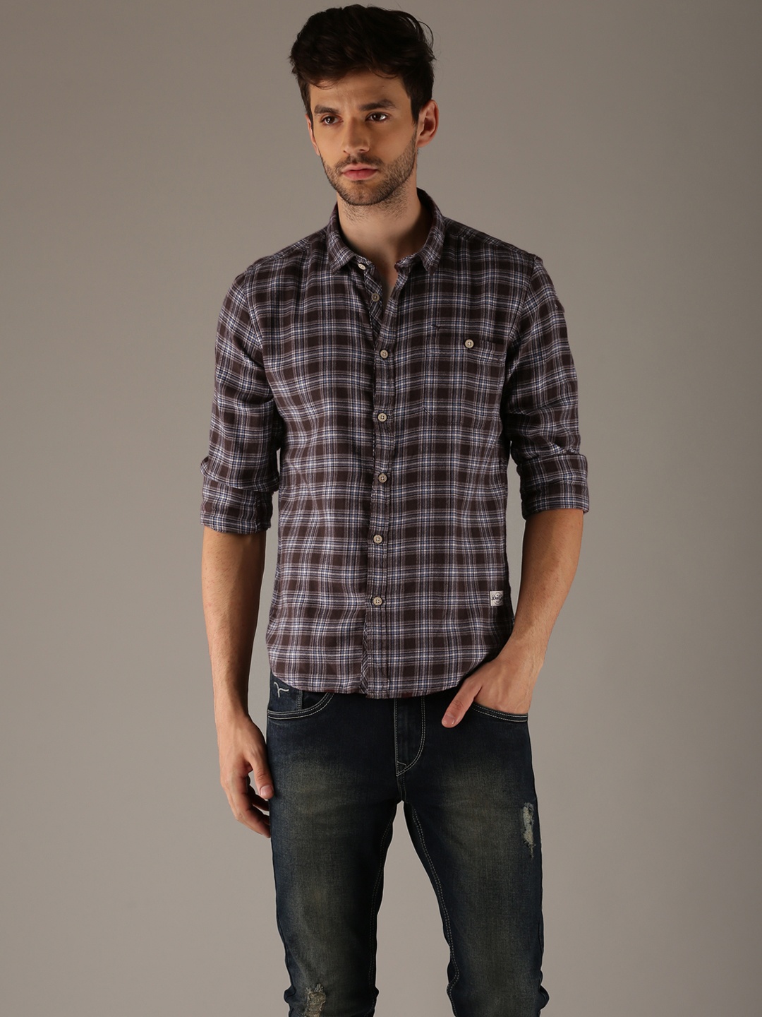 

Flying Machine Men Brown & Grey Regular Fit Checked Casual Shirt