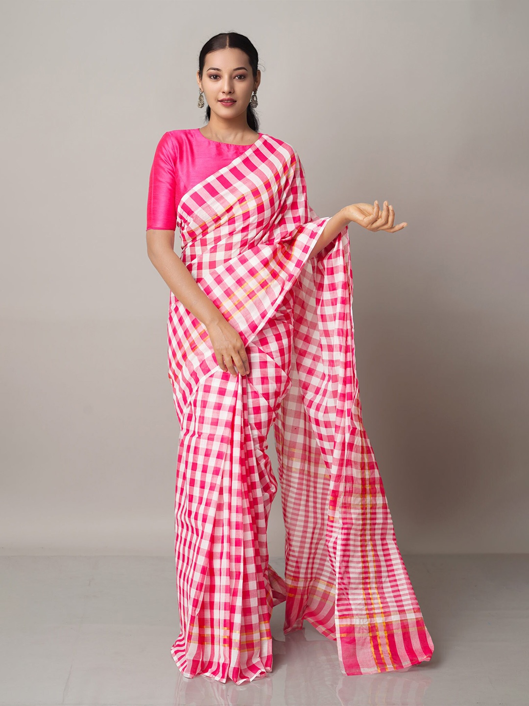 

Unnati Silks Checked Pure Cotton Mangalagiri Saree, Pink