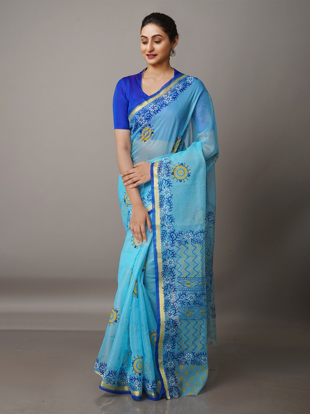 

Unnati Silks Ethnic Motifs Zari Pure Cotton Kota Saree, Blue