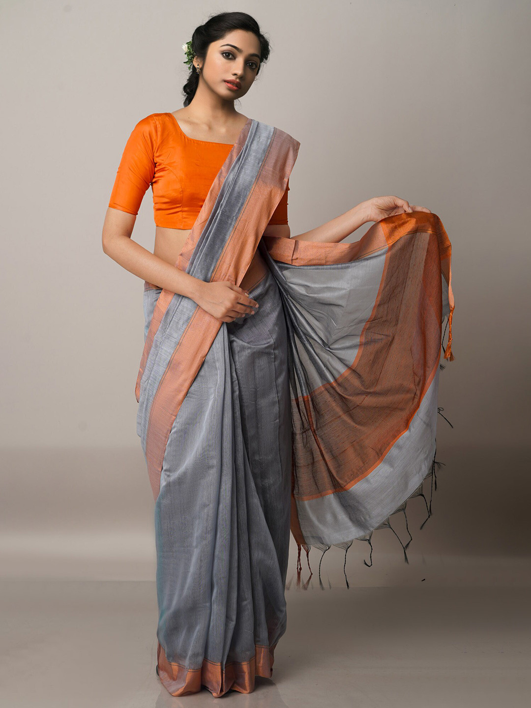 

Unnati Silks Zari Silk Cotton Chanderi Saree, Grey