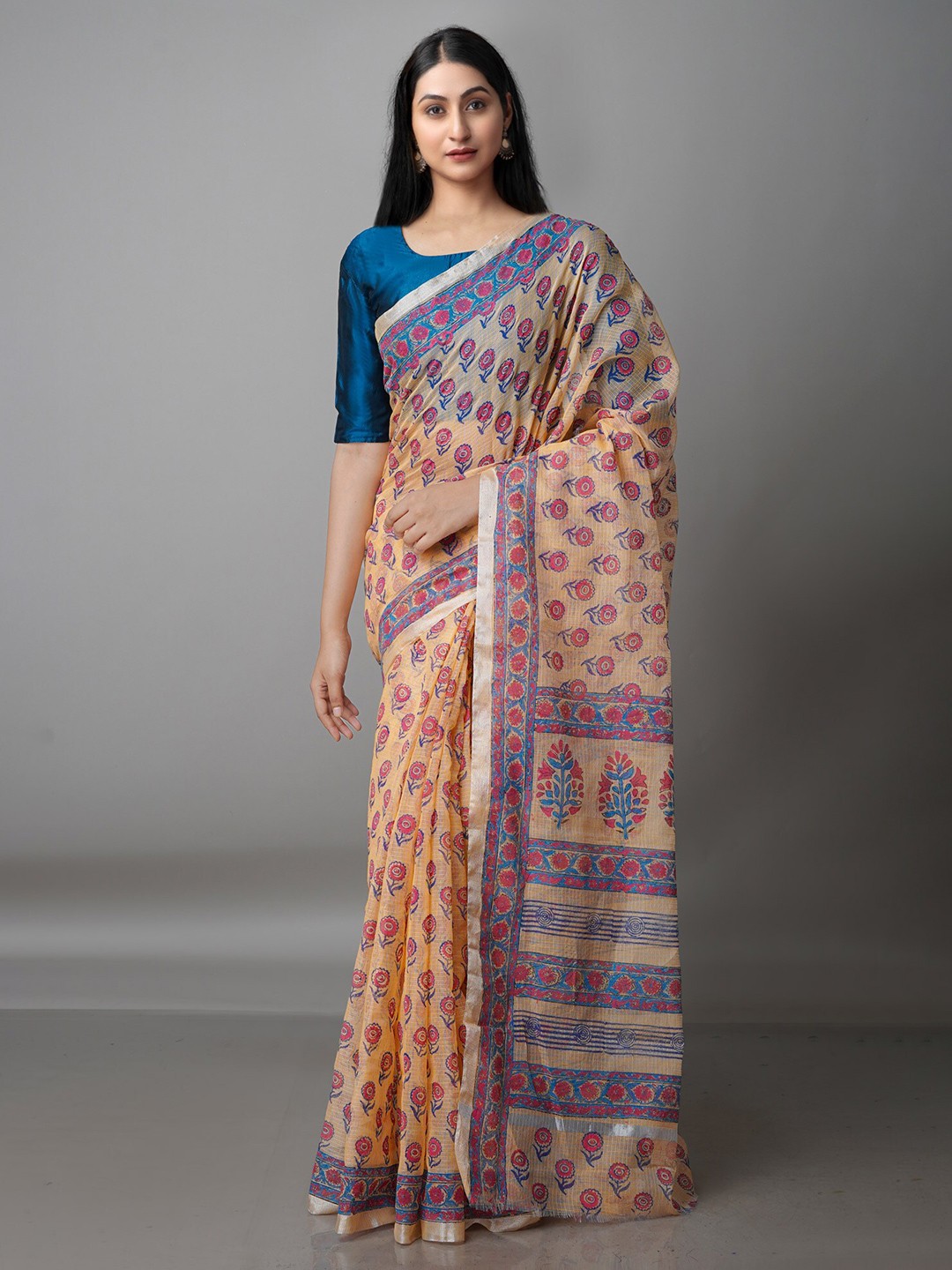 

Unnati Silks Ethnic Motifs Zari Pure Cotton Kota Saree, Beige