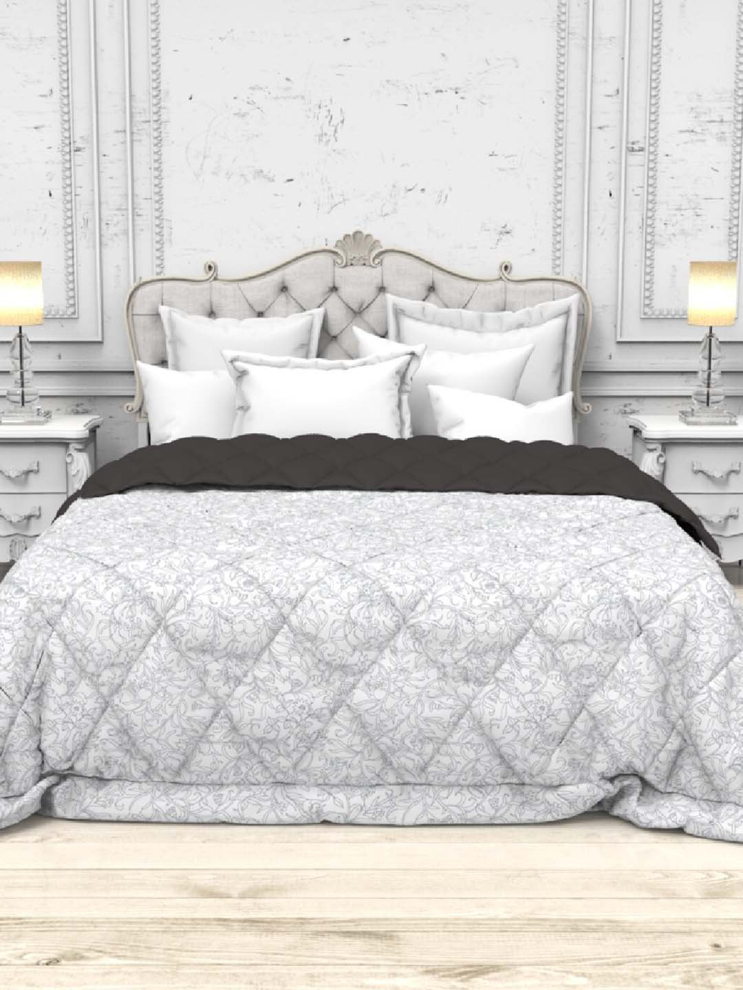 

THE WHITE MOSS White & Grey Floral Heavy Winter 300 GSM Double Bed Comforter