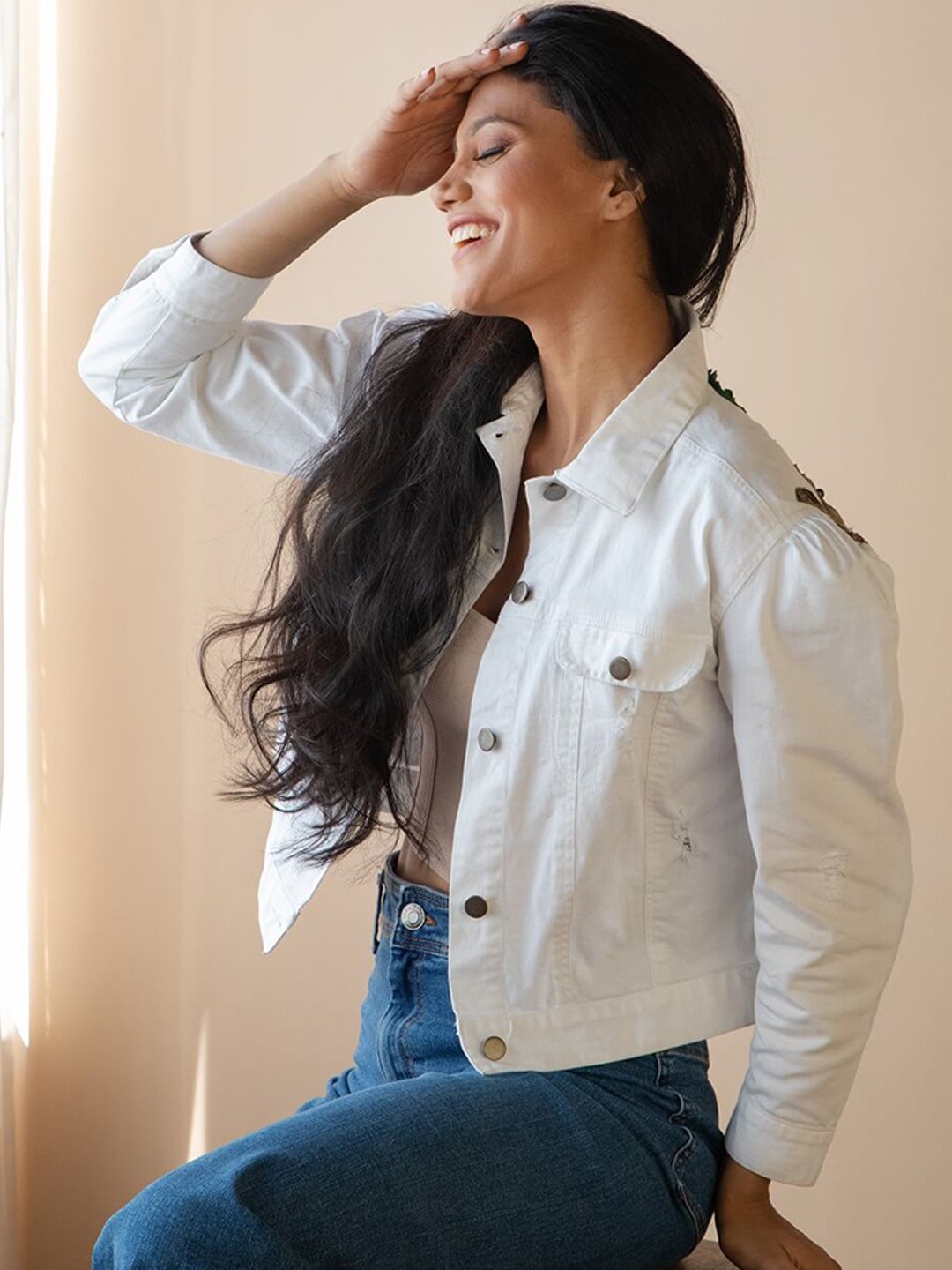 

Rhe-Ana Women Cotton Lightweight Denim Jacket, Cream