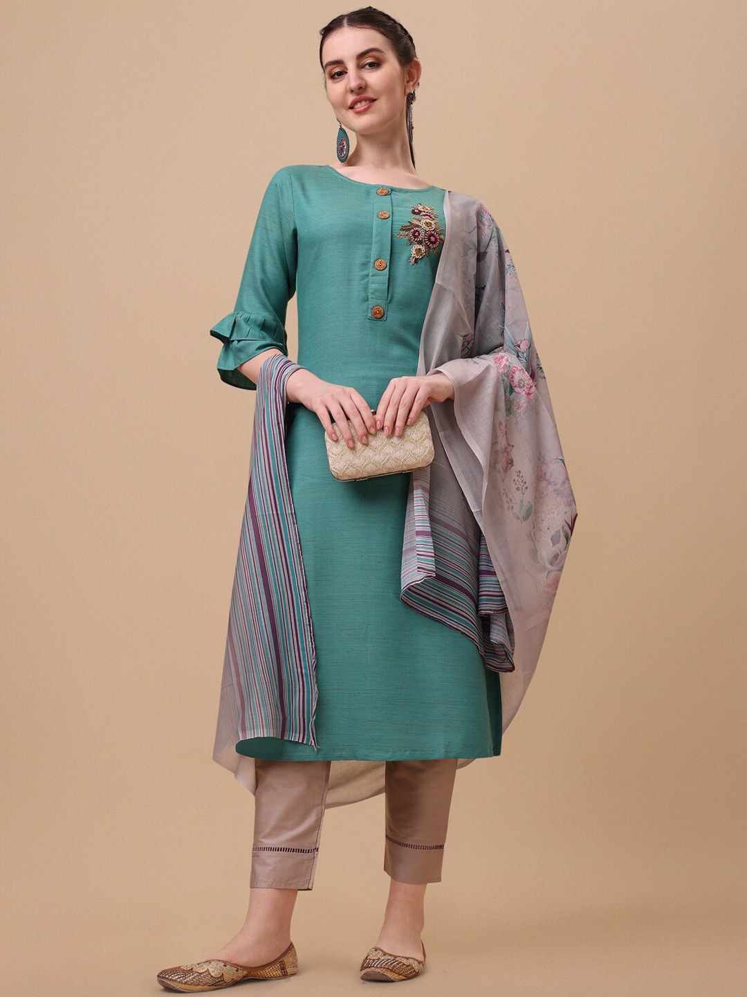 

Berrylicious Women Chanderi Cotton Kurta with Trousers & With Dupatta, Turquoise blue
