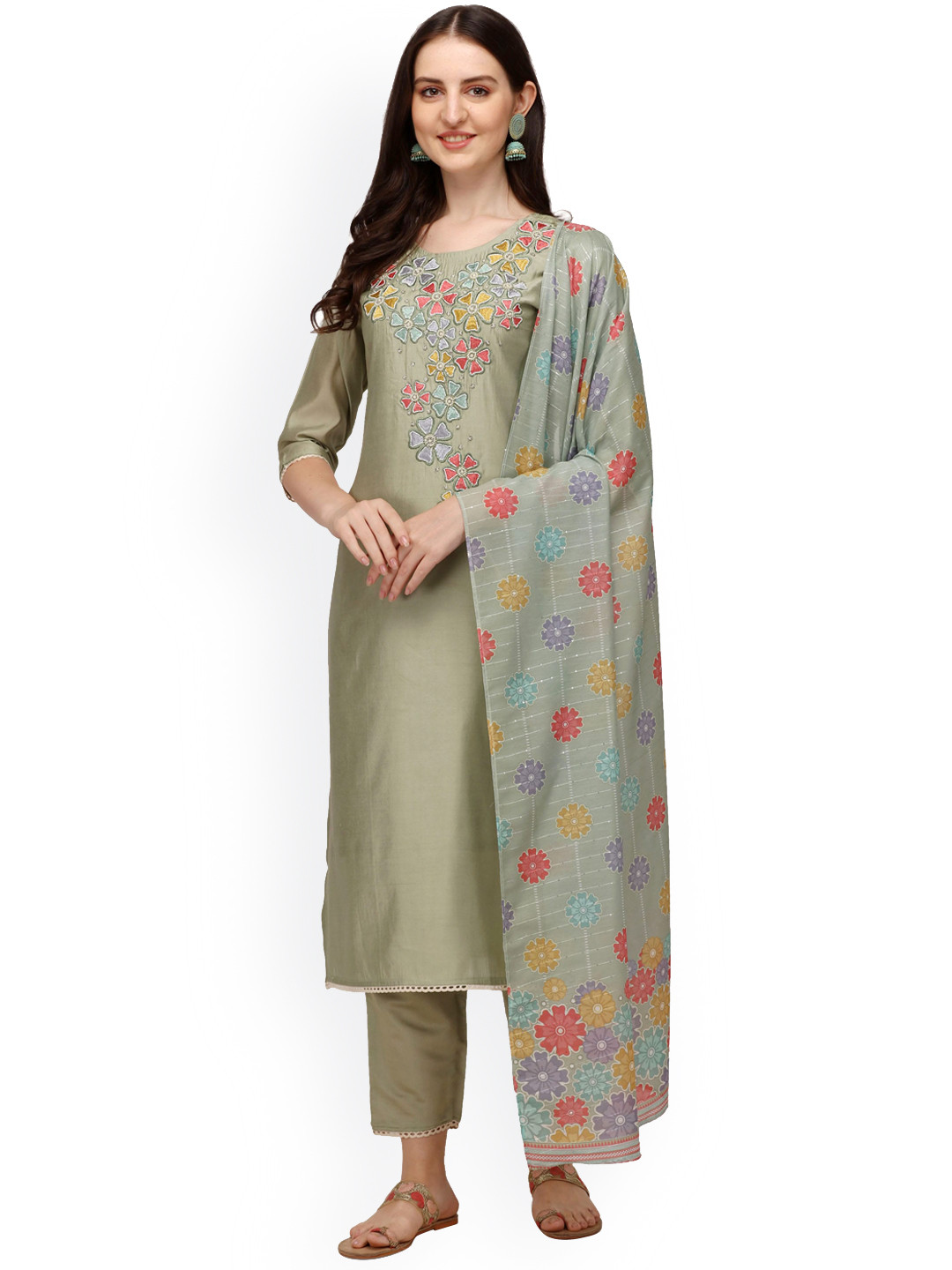 

Berrylicious Women Floral Embroidered Chanderi Cotton Kurta with Trousers & With Dupatta, Green