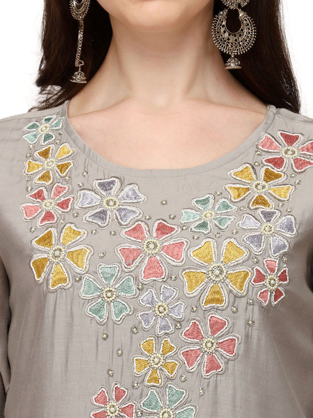 

Berrylicious Women Floral Embroidered Beads and Stones Kurta with Trousers & With Dupatta, Grey