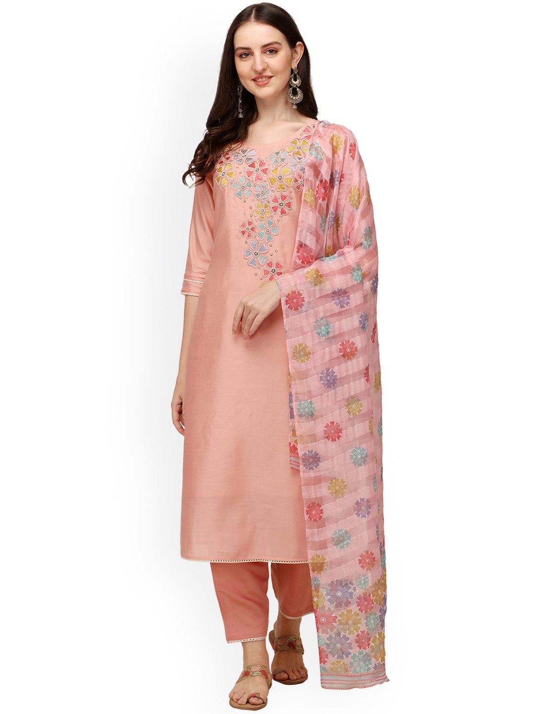 

Berrylicious Women Pink Floral Embroidered Kurta with Trousers & With Dupatta