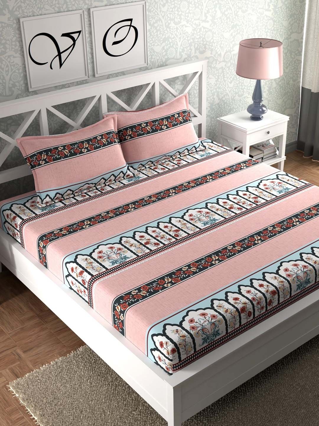 

CHHAVI INDIA Pink & White Floral 210 TC Queen Bedsheet with 2 Pillow Covers