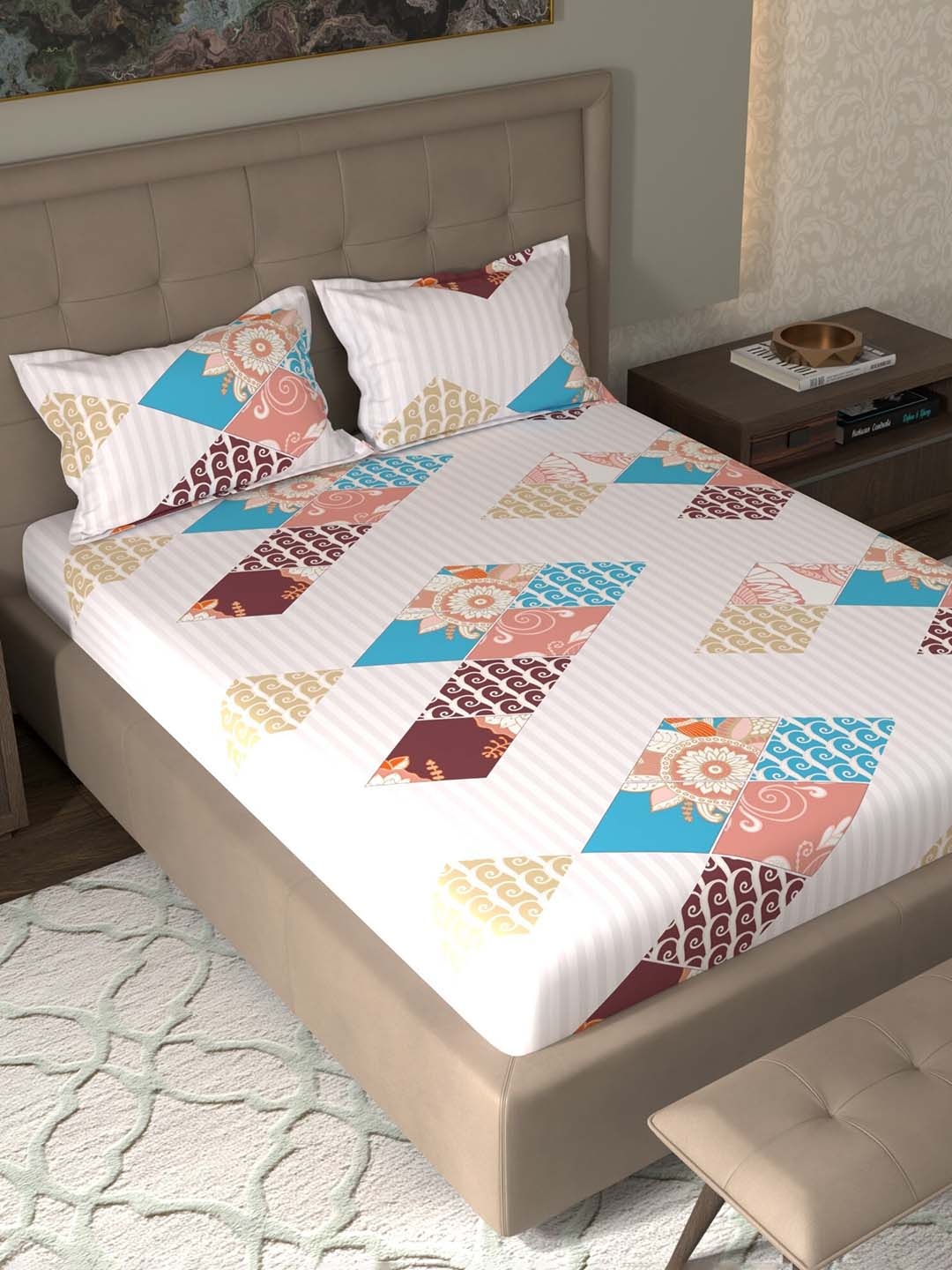 

CHHAVI INDIA White & Peach Geometric 210 TC Queen Bedsheet with 2 Pillow Covers