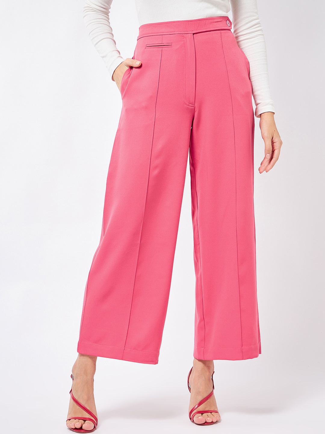 

MAGRE Women Relaxed Flared High-Rise Pleated Trousers, Pink