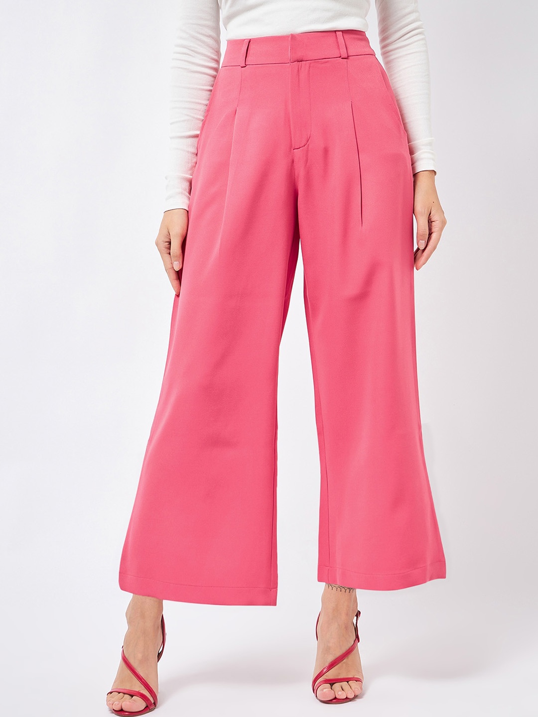 

MAGRE Women Relaxed Flared High-Rise Pleated Trousers, Pink