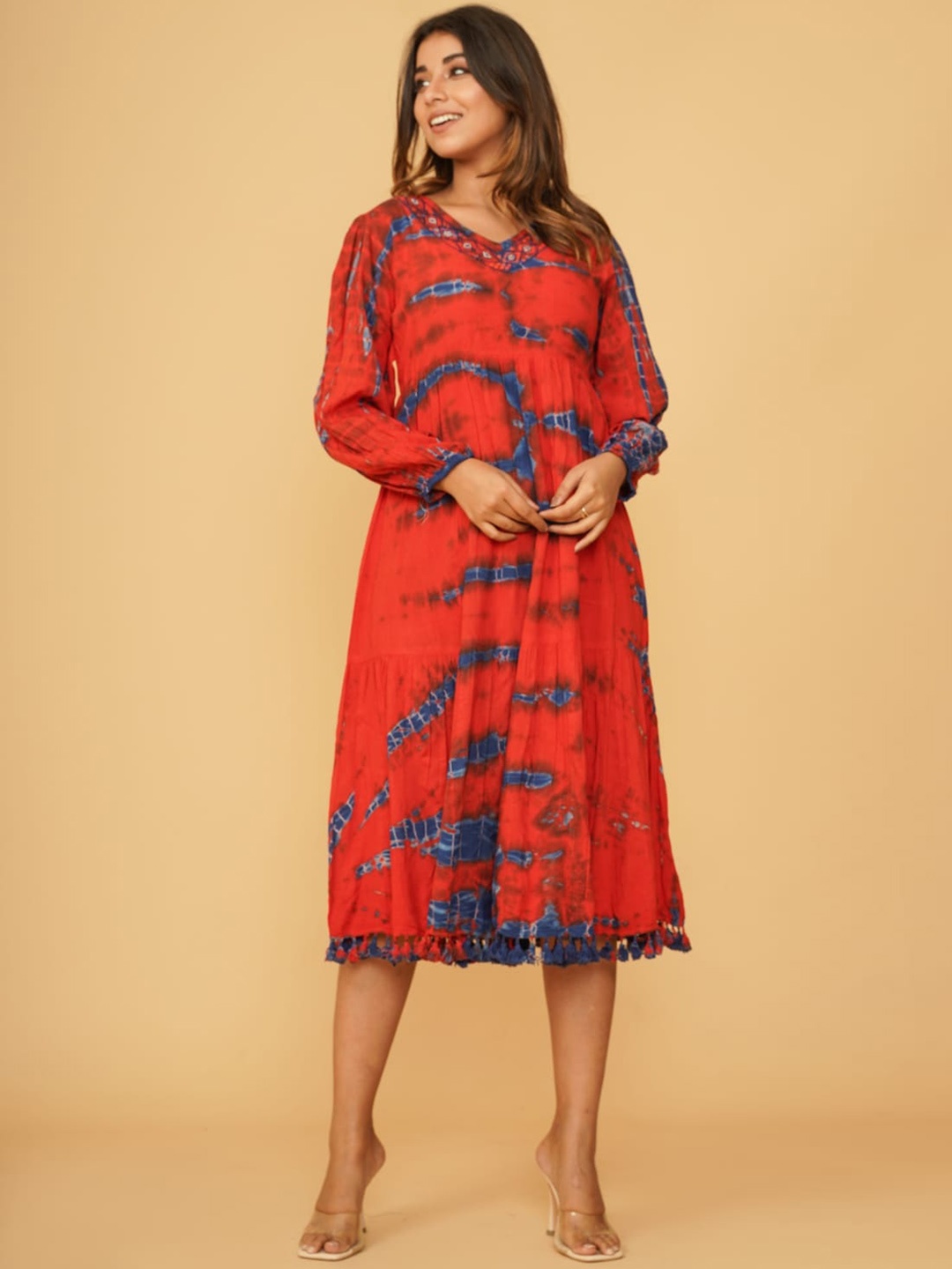 

AUTUMN LANE Women Tie-Dye Cotton Ethnic Dresses, Red