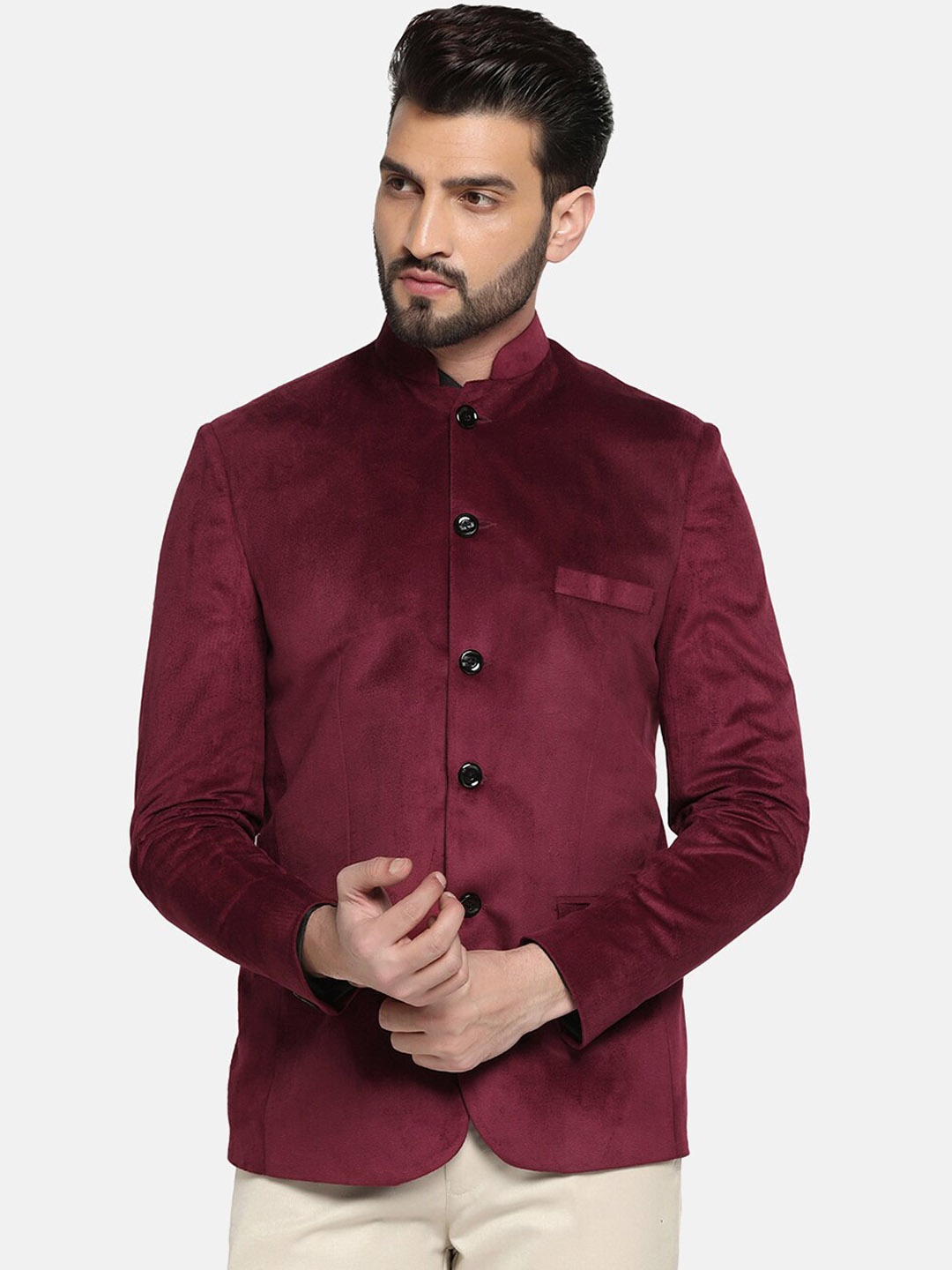 

TAHVO Men Slim Fit Single-Breasted Bandhgala Blazer, Maroon