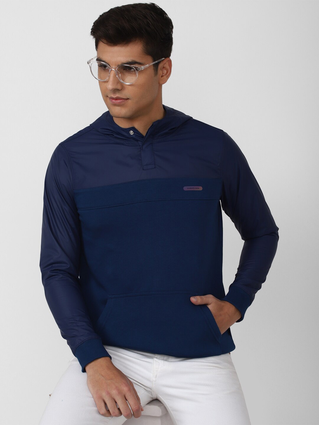 

V Dot Men Hooded Pullover Sweatshirt, Navy blue