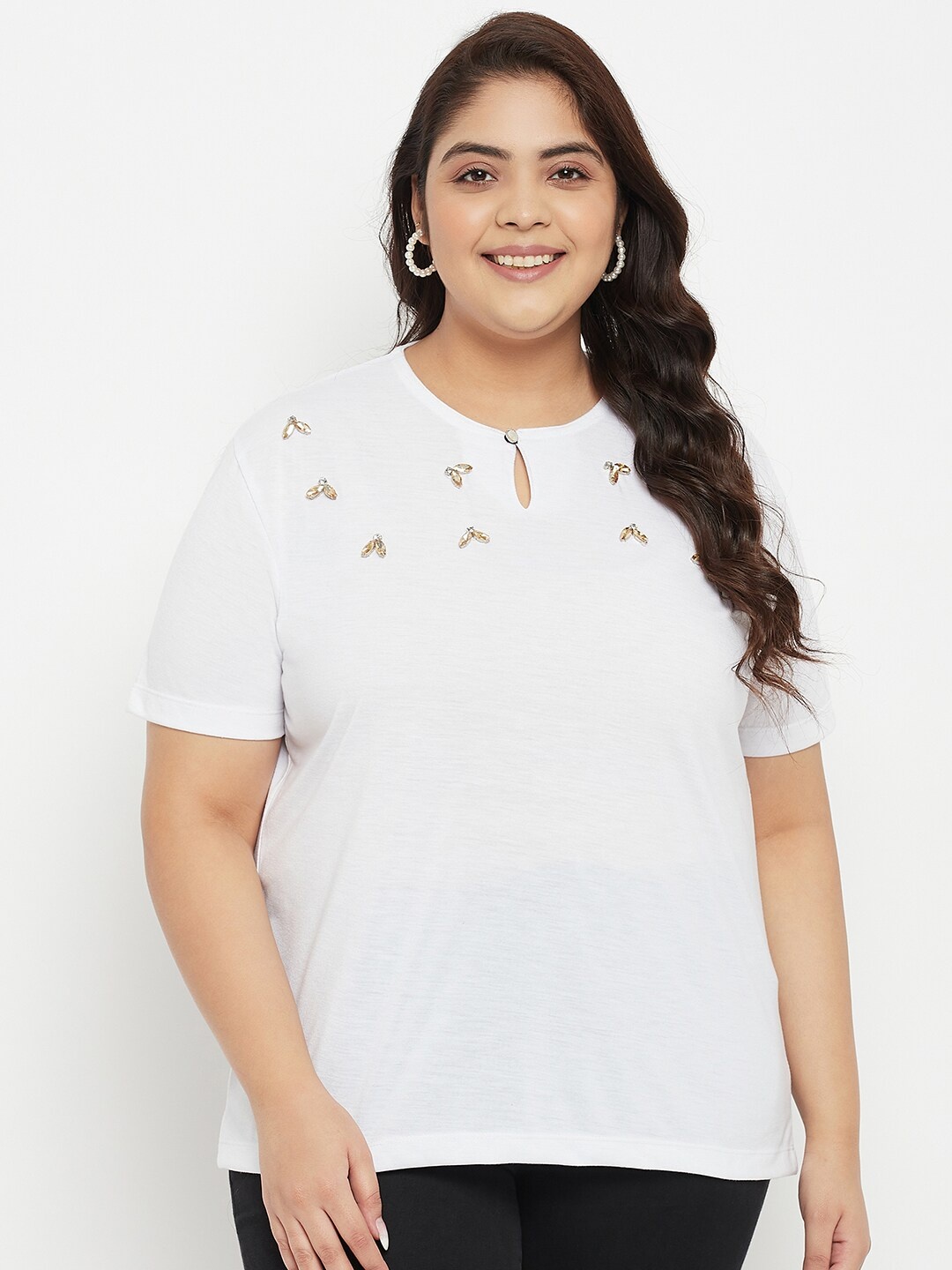 

AUSTIVO Plus Size Cotton Keyhole Neck Top, White