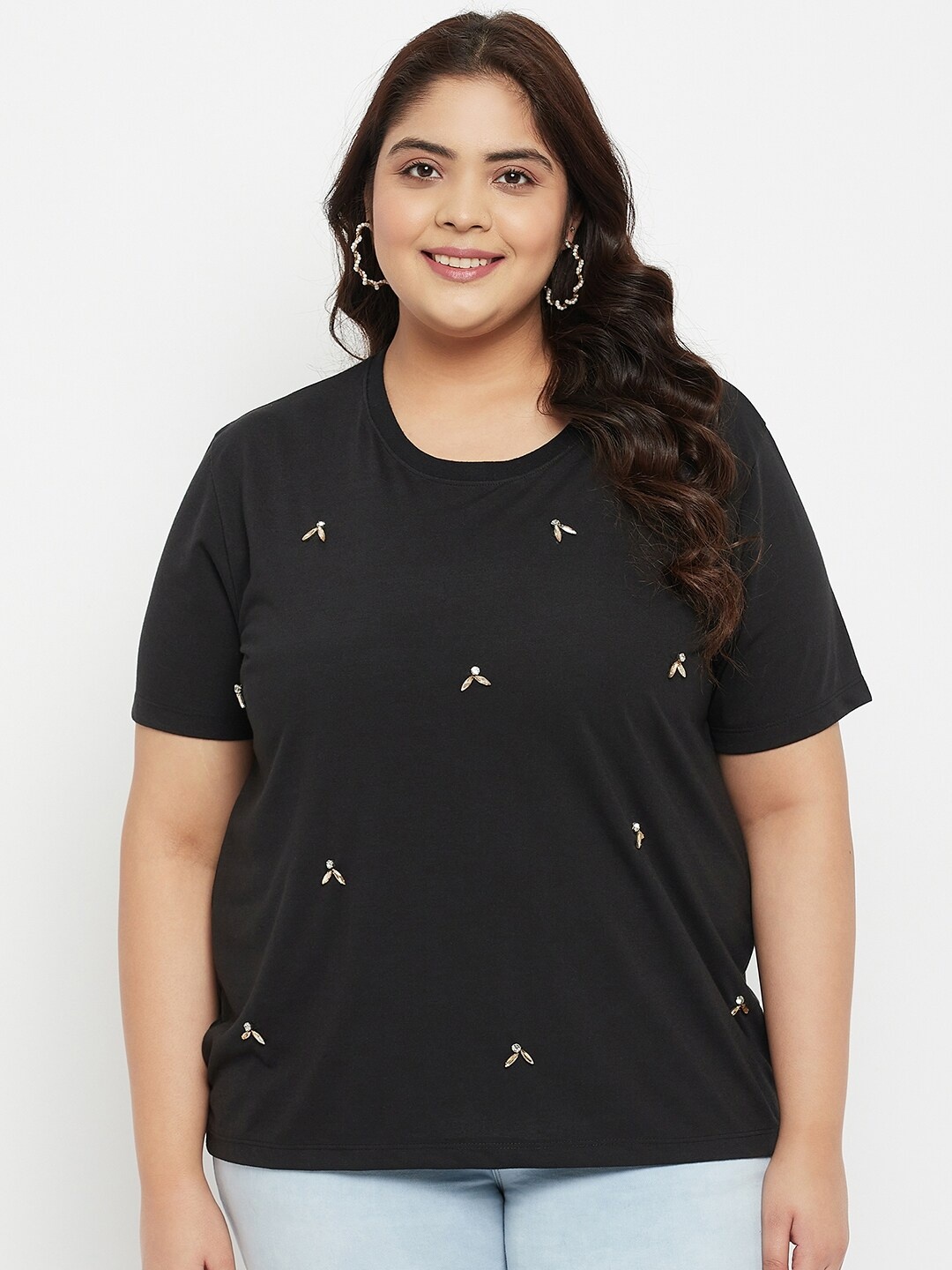

AUSTIVO Plus Size Embellished Knitted Cotton Top, Black
