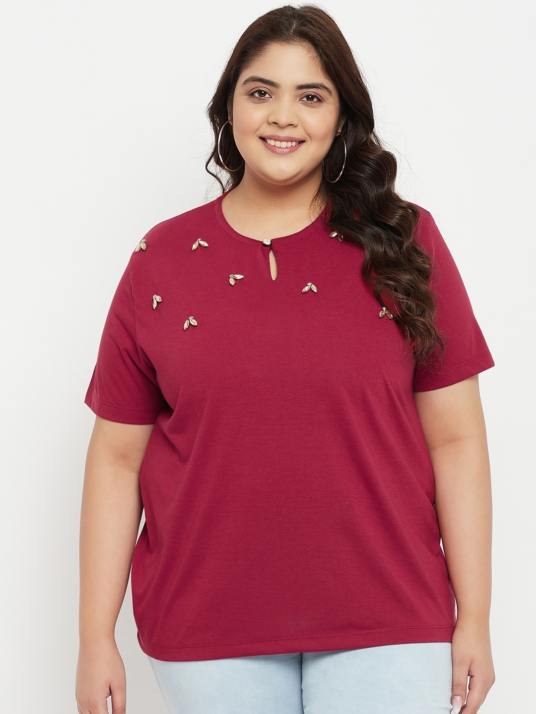 

AUSTIVO Plus Size Embellished Knitted Cotton Top, Maroon