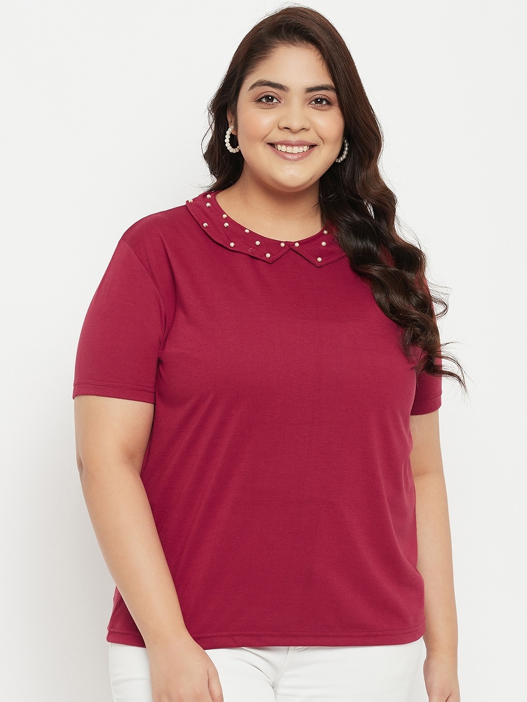 

AUSTIVO Plus Size Embellished Knitted Cotton Top, Maroon