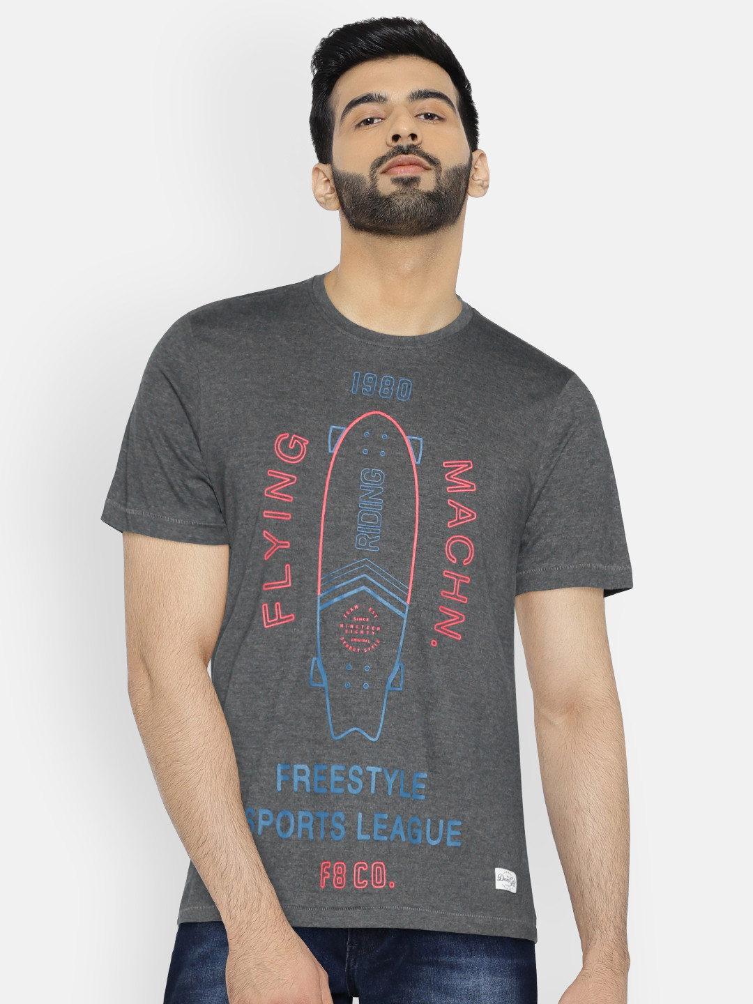 

Flying Machine Men Charcoal Grey Printed Round Neck T-shirt