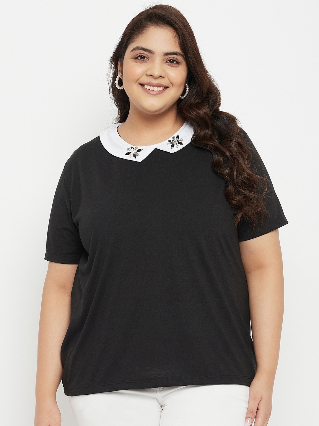 

AUSTIVO Plus Size Embellished Knitted Cotton Top, Black