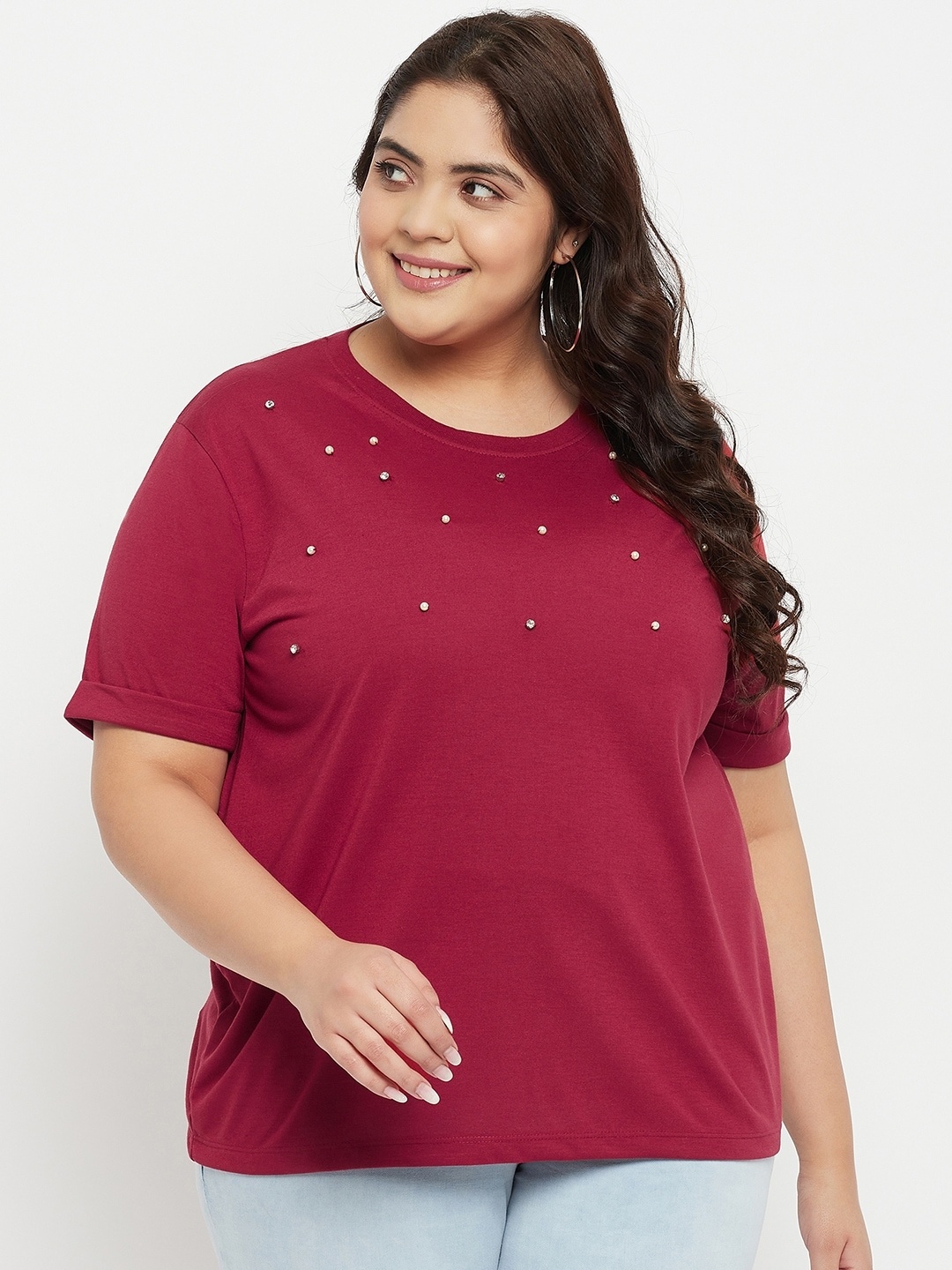 

AUSTIVO Plus Size Embellished Cotton Top, Maroon