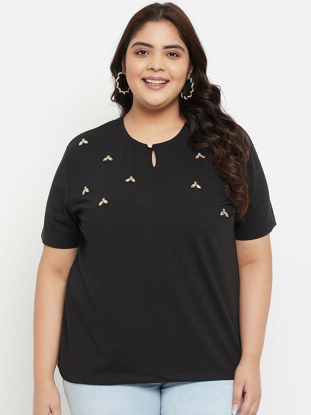

AUSTIVO Plus Size Keyhole Neck Cotton Top, Black