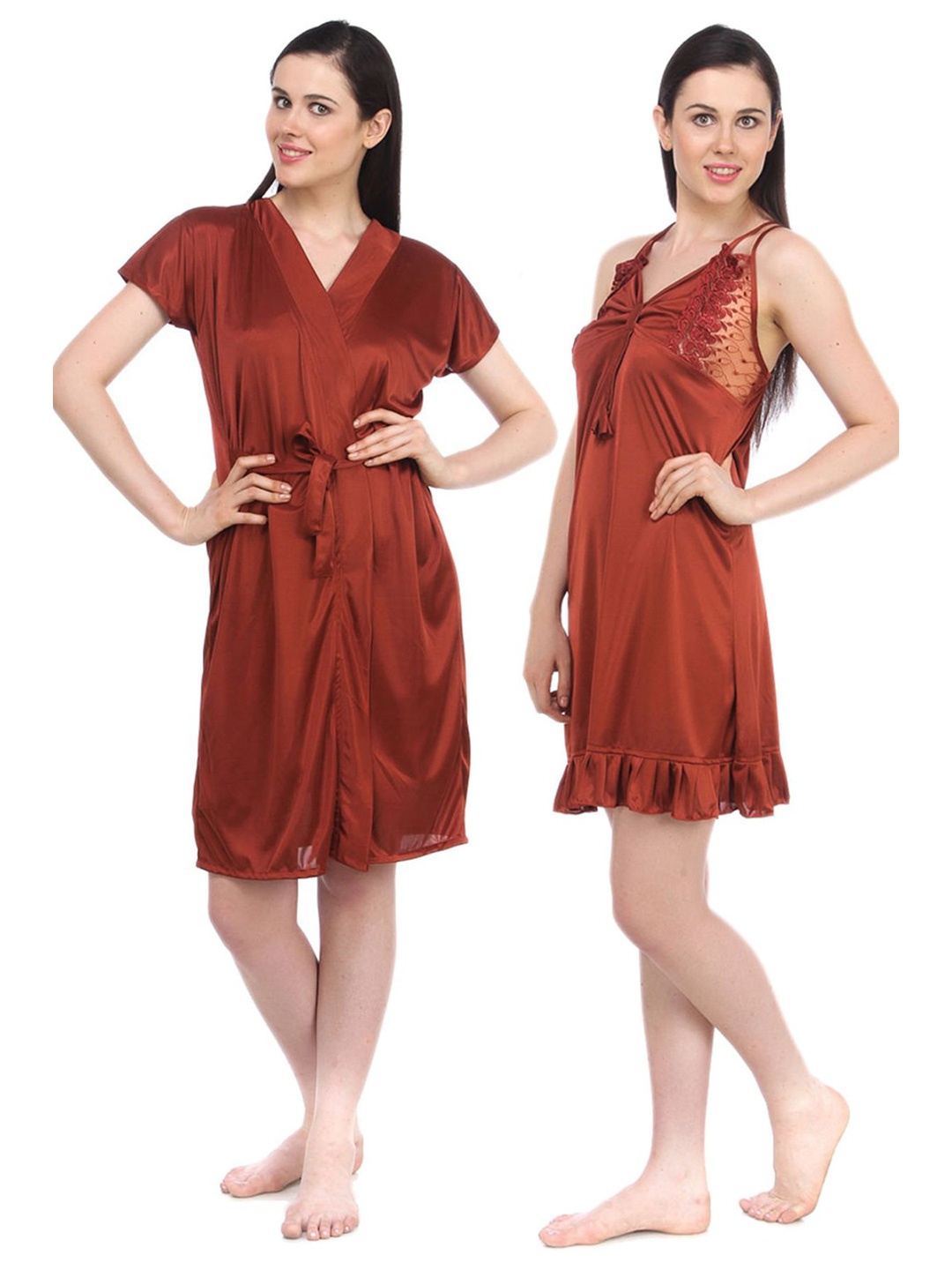 

Fasense Satin V-Neck Nightdress With Robe Set, Rust