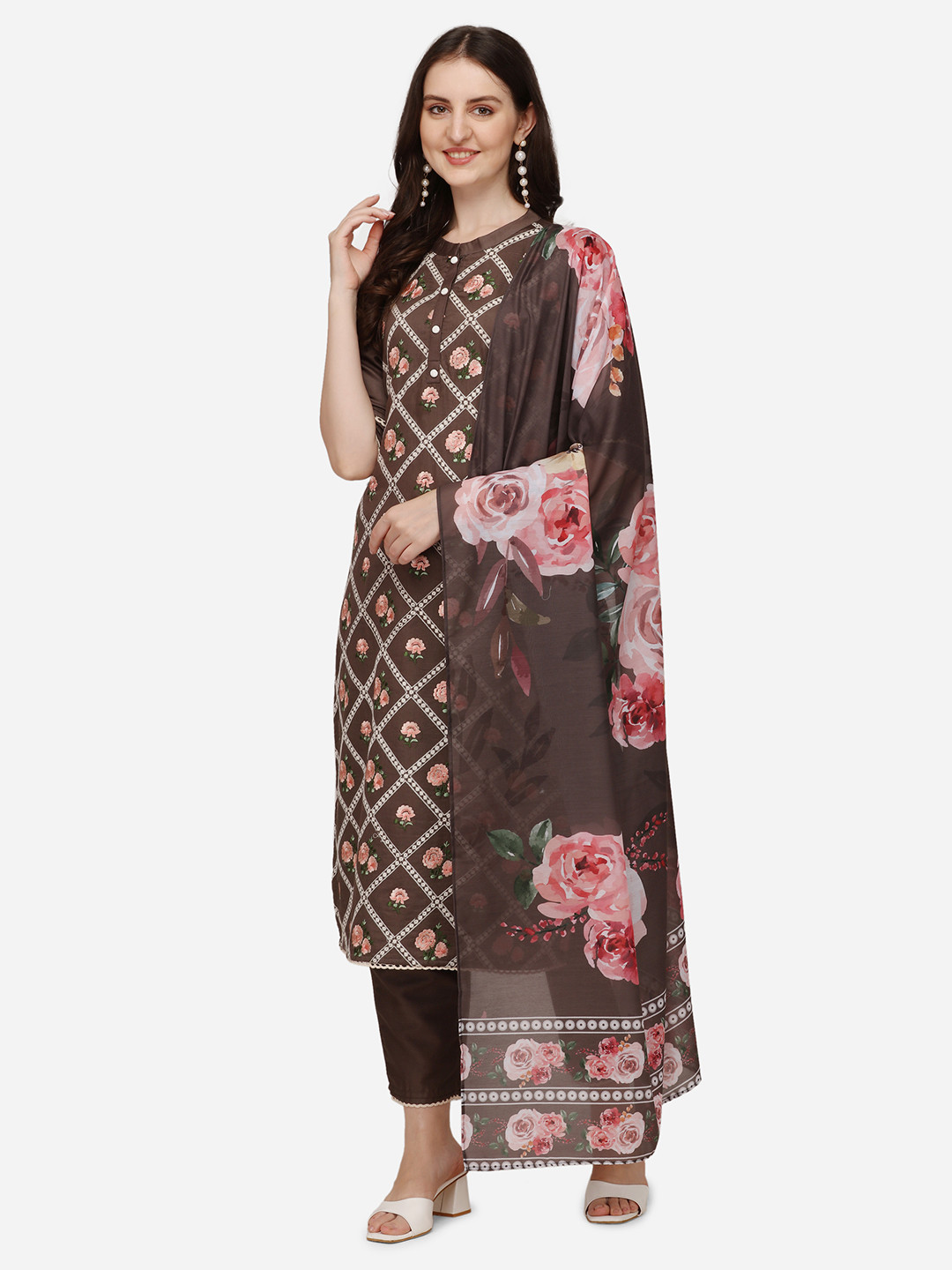 

Berrylicious Women Floral Embroidered Pure Cotton Kurta with Trousers & With Dupatta, Brown