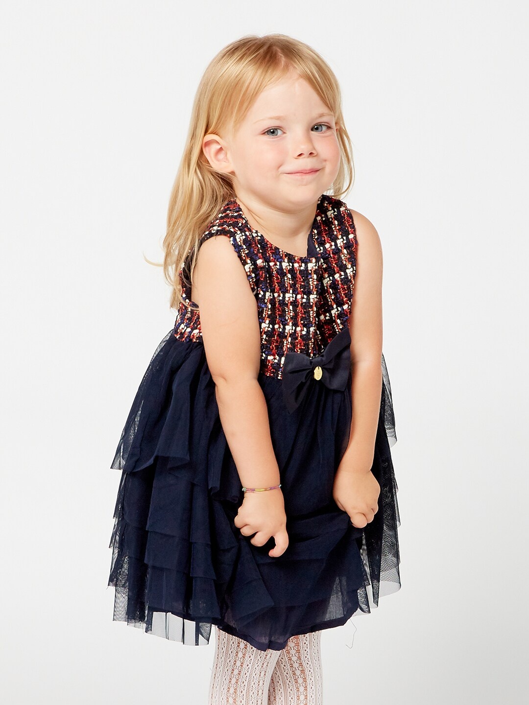 

One Friday Checked Layered Dress, Navy blue