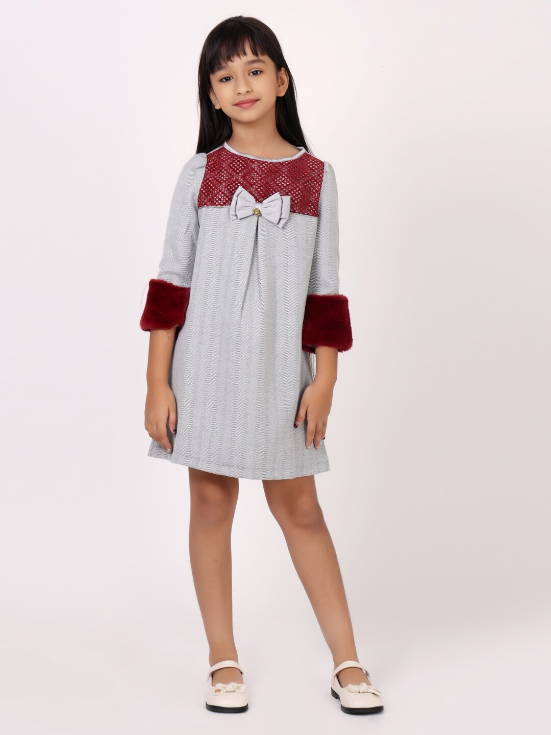 

One Friday Striped A-Line Dress, Grey