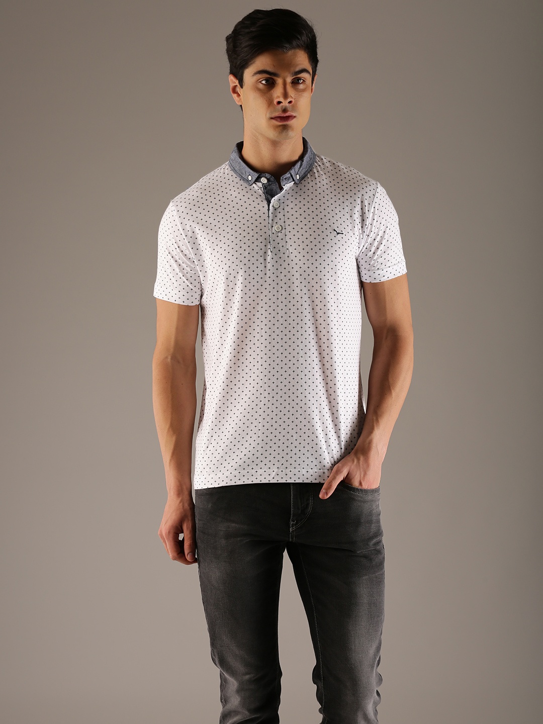 

Flying Machine Men White Printed Polo Collar T-shirt