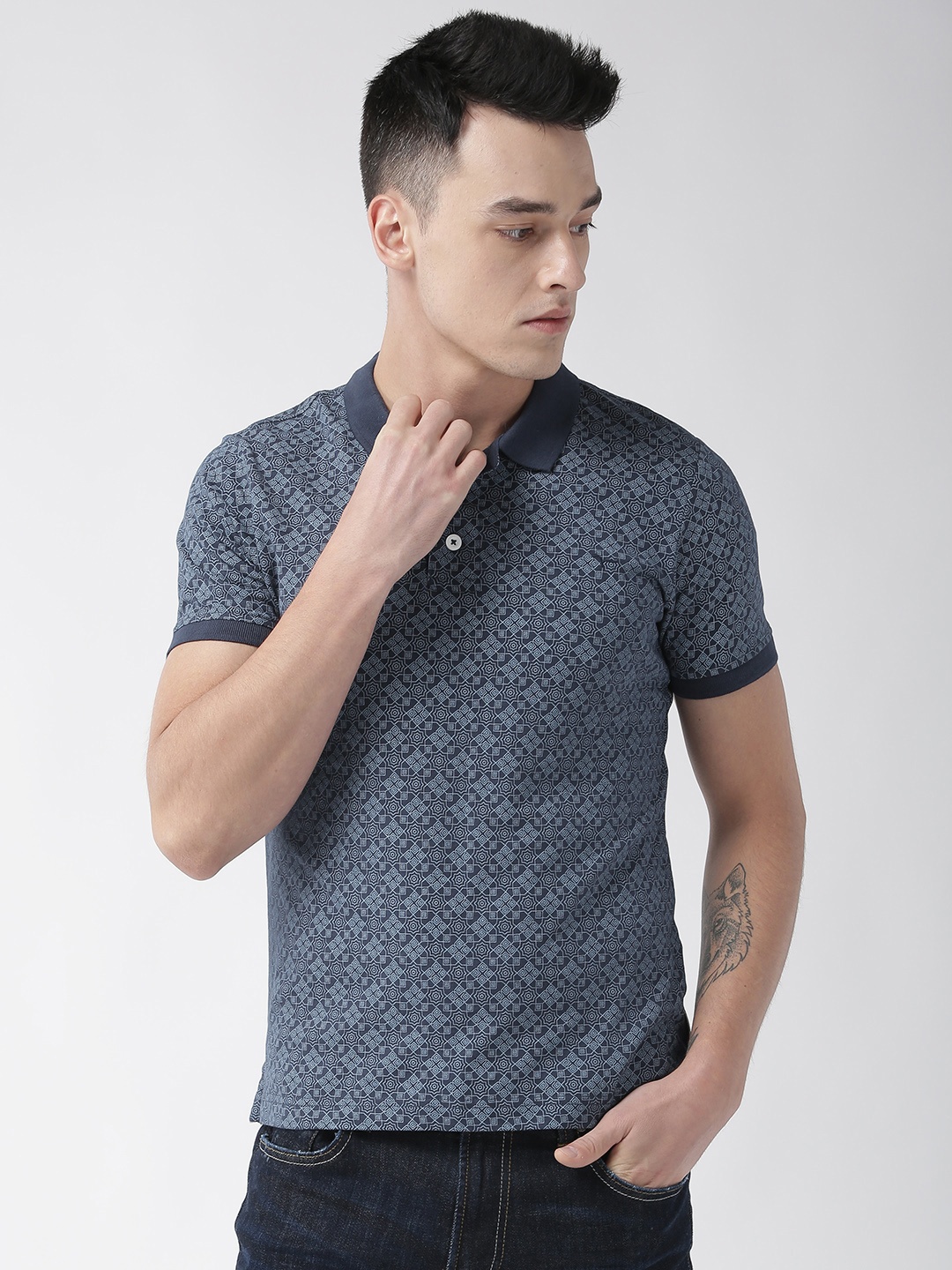 

Flying Machine Men Teal Blue Printed Polo Collar T-shirt