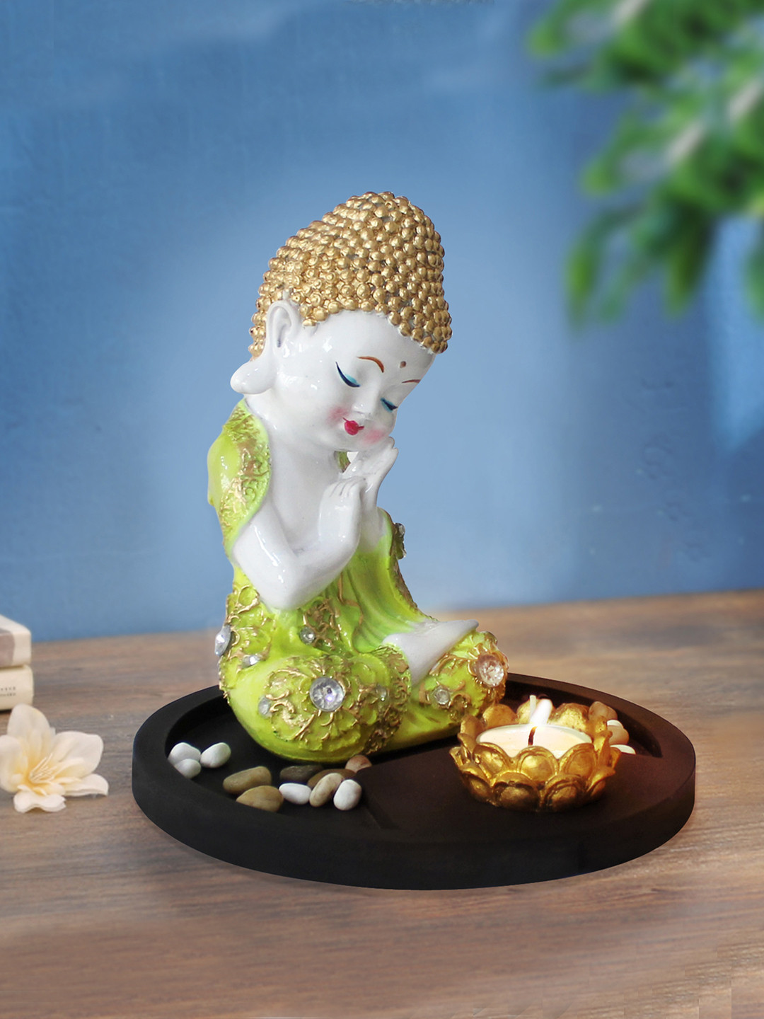 

TIED RIBBONS Green Buddha Monk Idol Showpiece with Tray